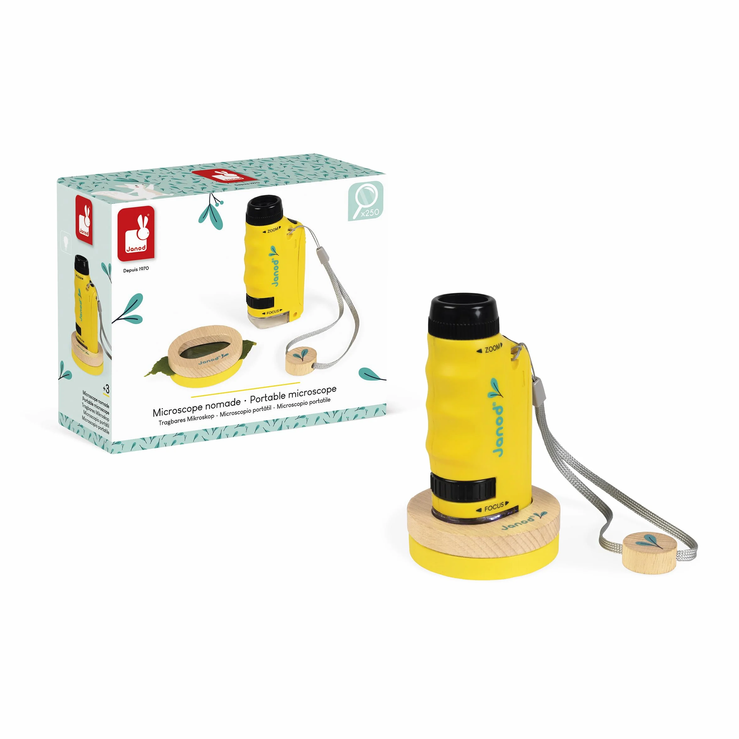 Janod - Microscopio Tascabile Nomade per Bambini - Ingrandimento 50x-250x + Supporto in Legno - Concepito per Scoprire la Natura e Il Giardino - dai 3 Anni