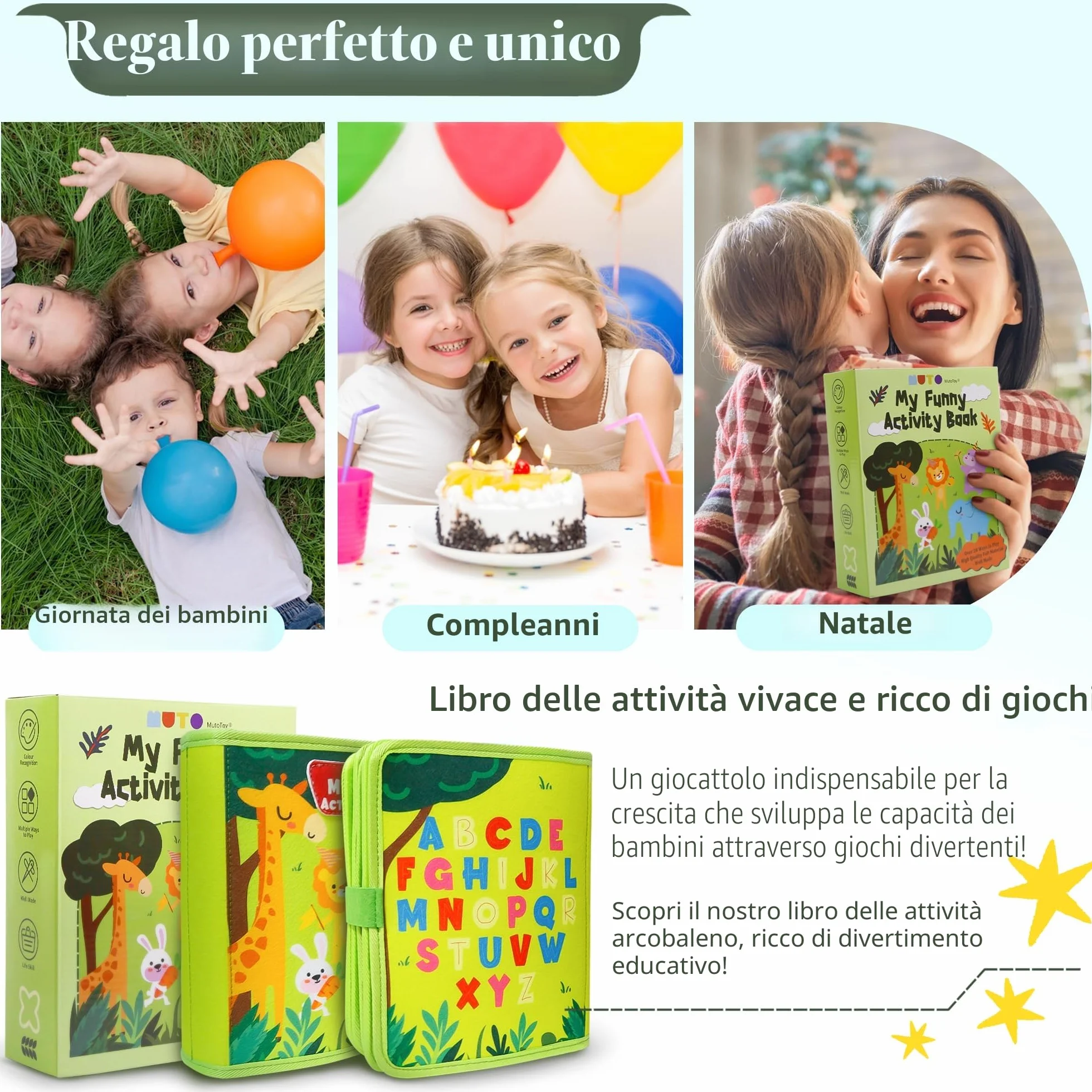 Busy Board Montessori 1 Anno, 22 in 1 Libro Interattivo in Feltro, Giochi Sensoriali Educativi per Bambini 1-4 Anni