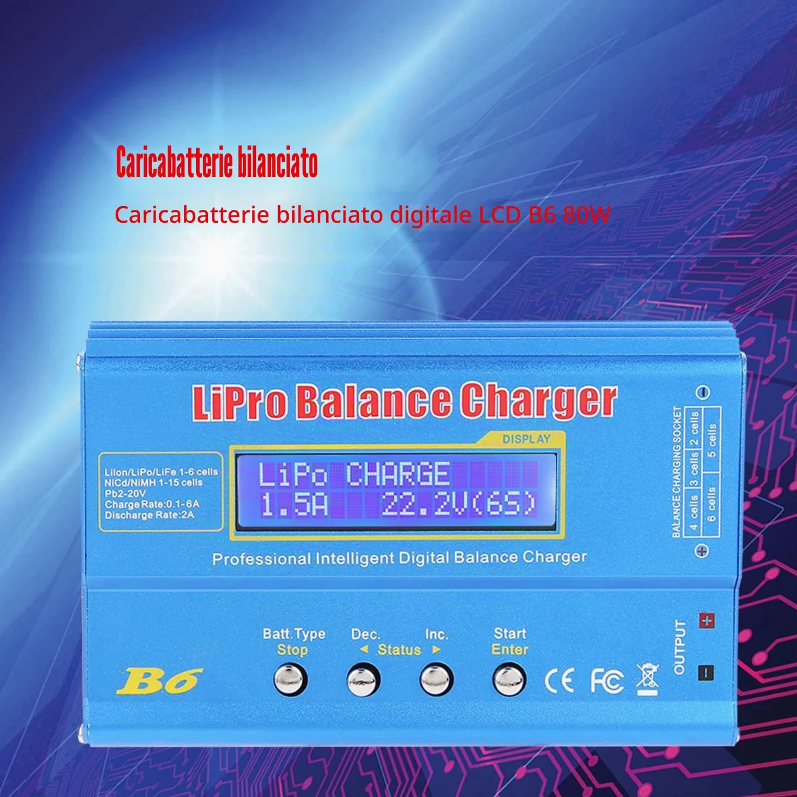 Caricabatterie Digitale 80W per Batterie LiPo NiMH con Display LCD Bilanciamento Scaricatore Spina EU 133x87x33mm