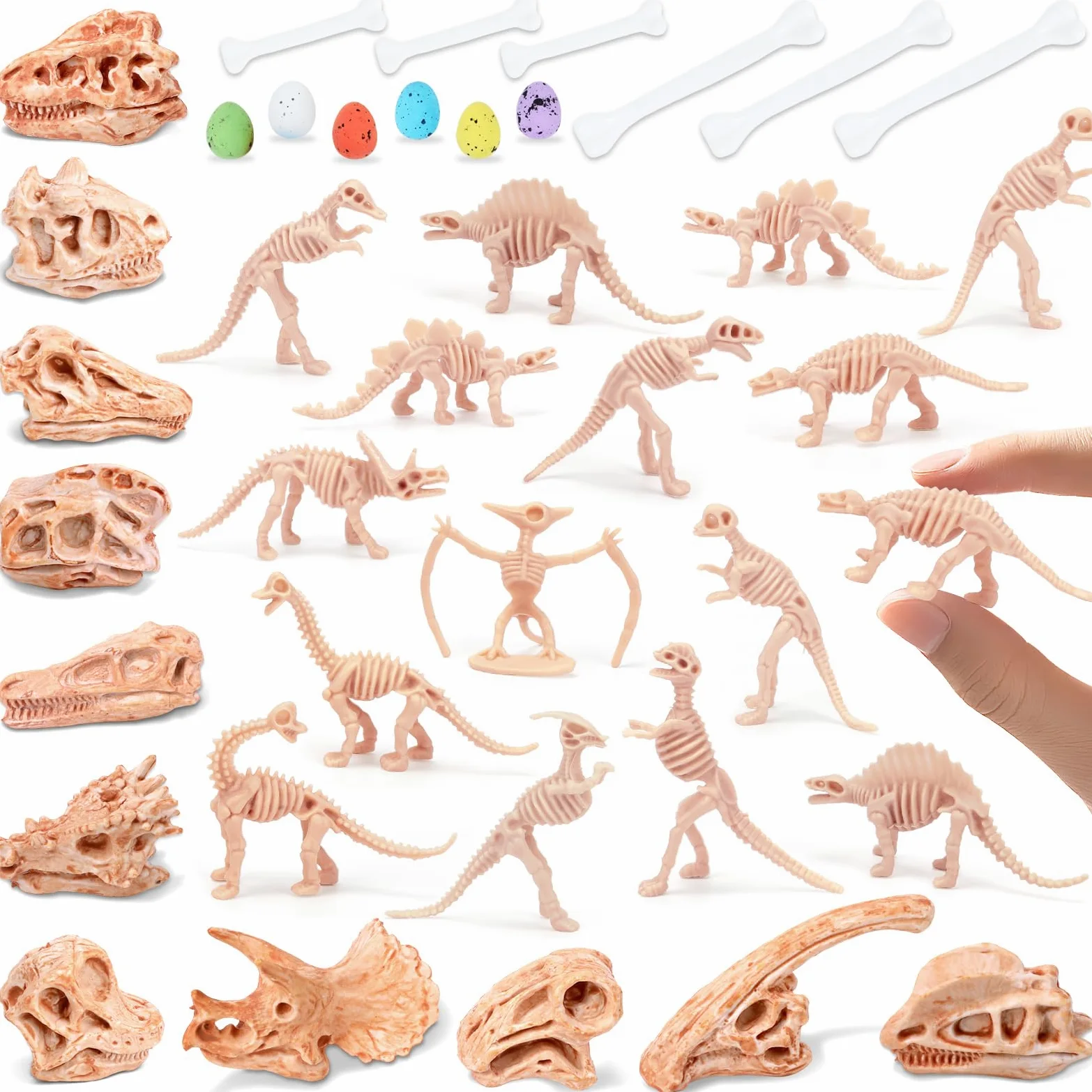 66 pezzi di osso di dinosauro da 9,4 cm per sandbox, 24 scheletro fossile, 12 teschio di plastica, 24 mini uova di dinosauro, 6 ossa, scavo di sabbia per cestino sensoriale, festa di compleanno