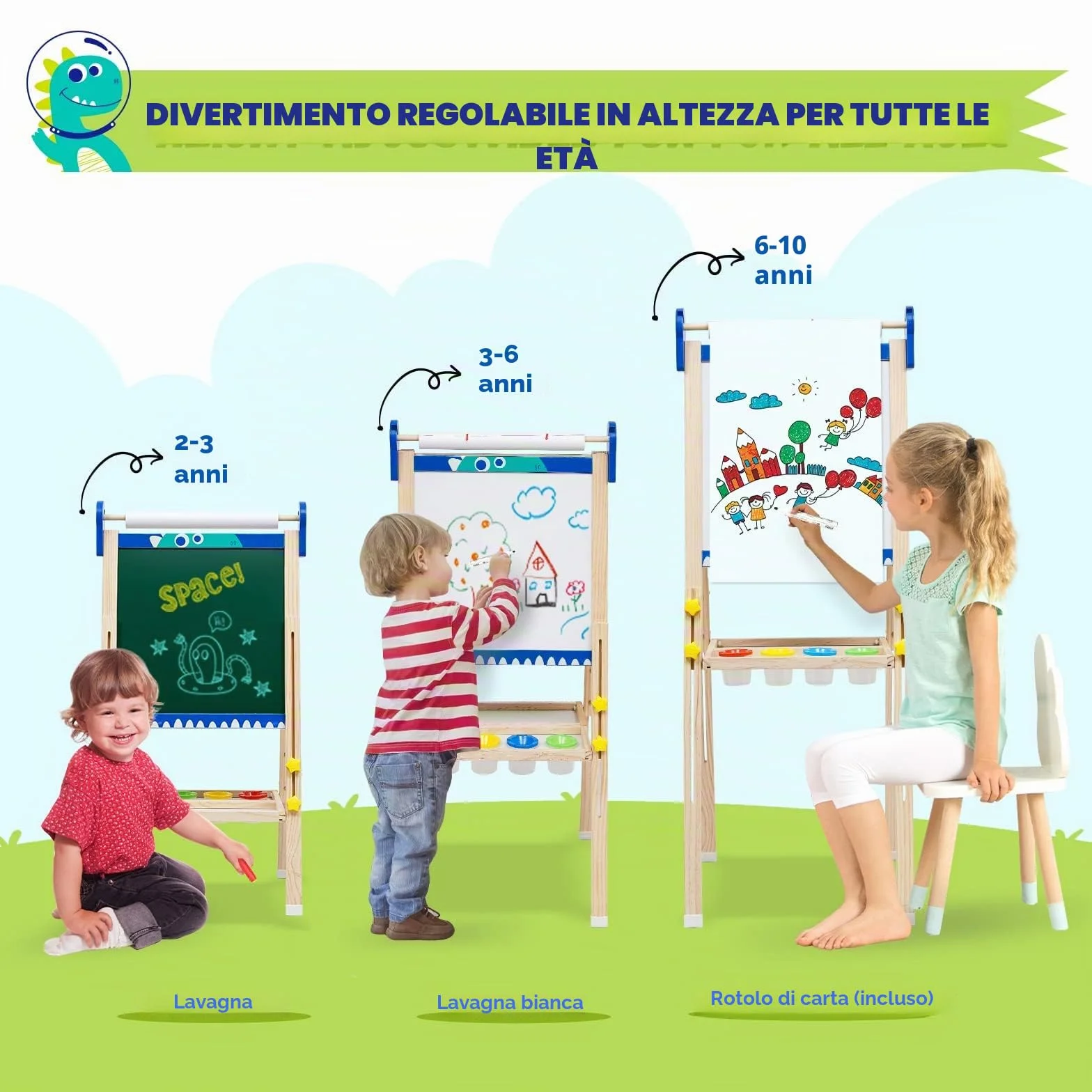 Lavagna Pieghevole per Bambini a Doppia Faccia con Cavalletto Regolabile, Rullo di Carta e Accessori