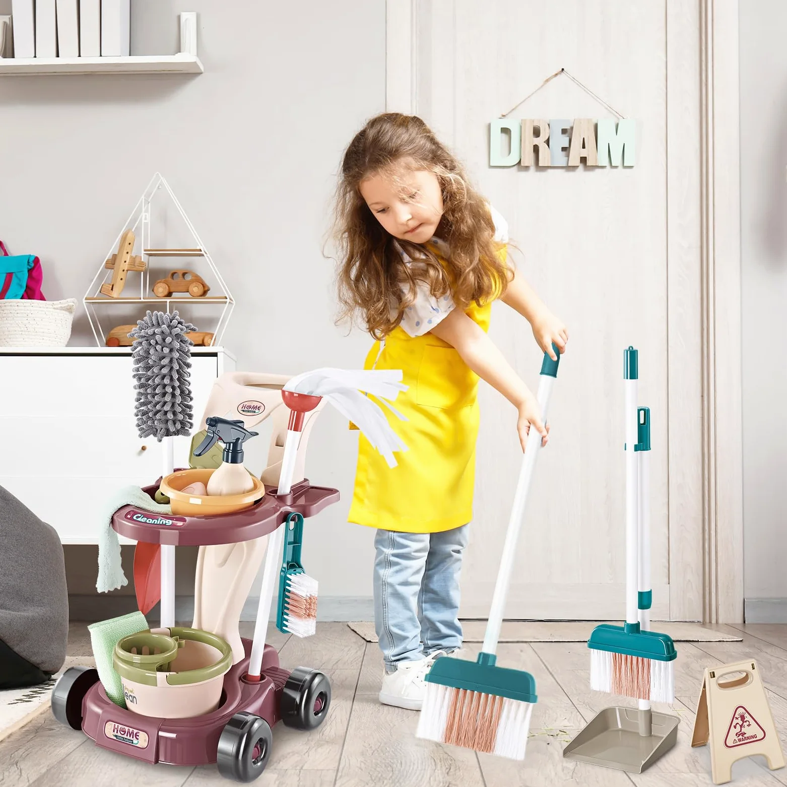deAO Kit di Pulizia per Bambini, Carrello di Pulizia Staccabile con Scopa, Paletta, Spruzzatore, Giocattoli per Bambini, Gioco di Ruolo, Regalo 3 Anni+