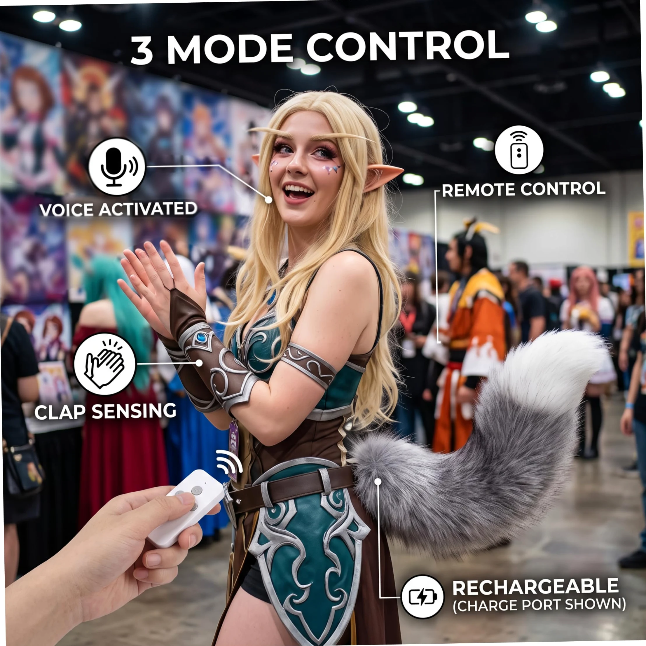 Coda mobile, accessorio cosplay coda di volpe elettrica ricaricabile, argento