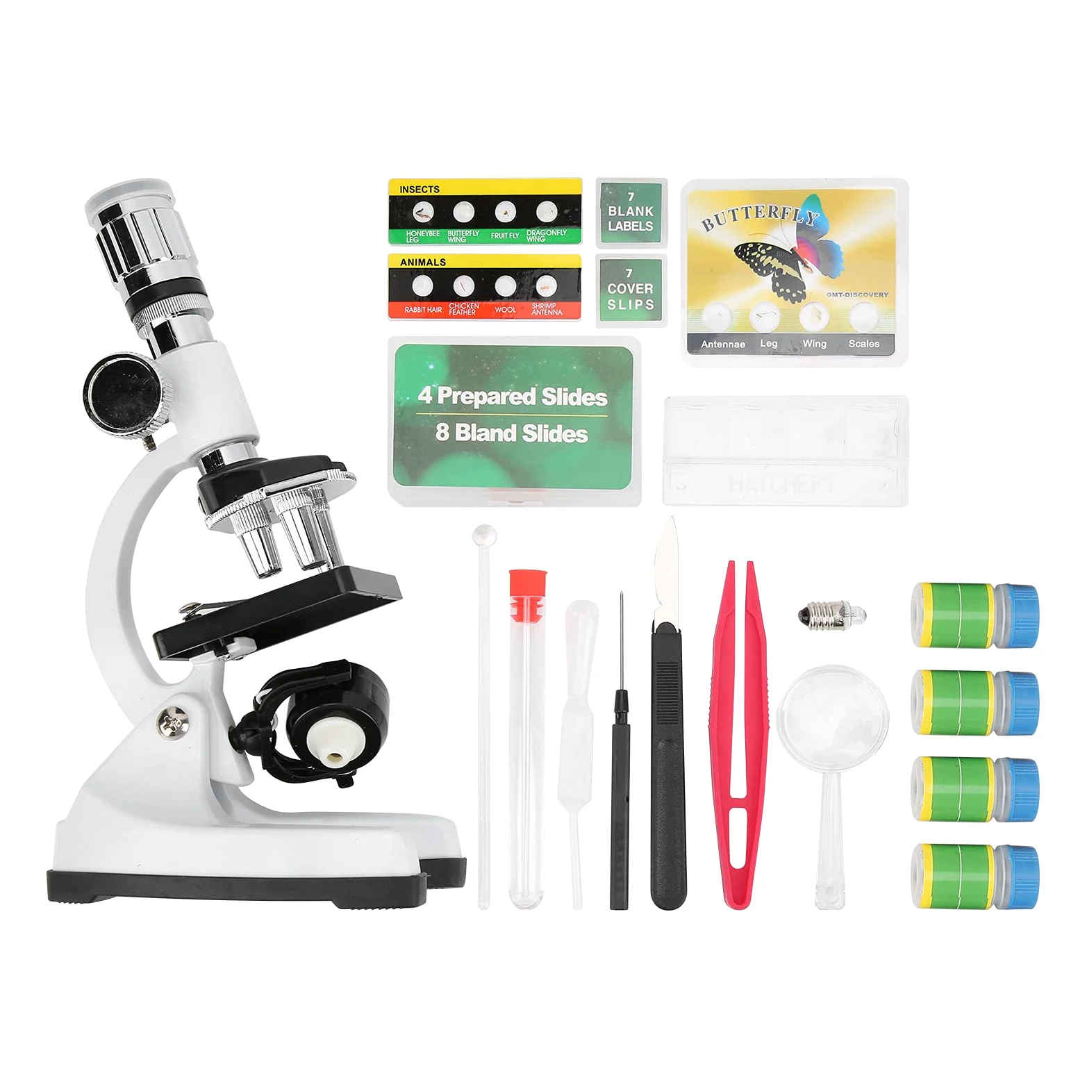 Kit di microscopio HD 1200X per bambini, educazione scientifica, giocattolo per microscopio per principianti, interamente in metallo con lente in vetro ottico