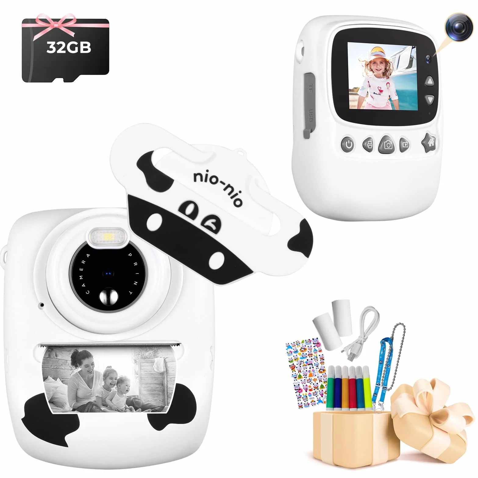Fotocamera per Bambini, 30 MP, Doppia Fotocamera, Stampa in Bianco e Nero, Schermo da 2,4 Pollici, Scheda TF da 32 GB, Bianca