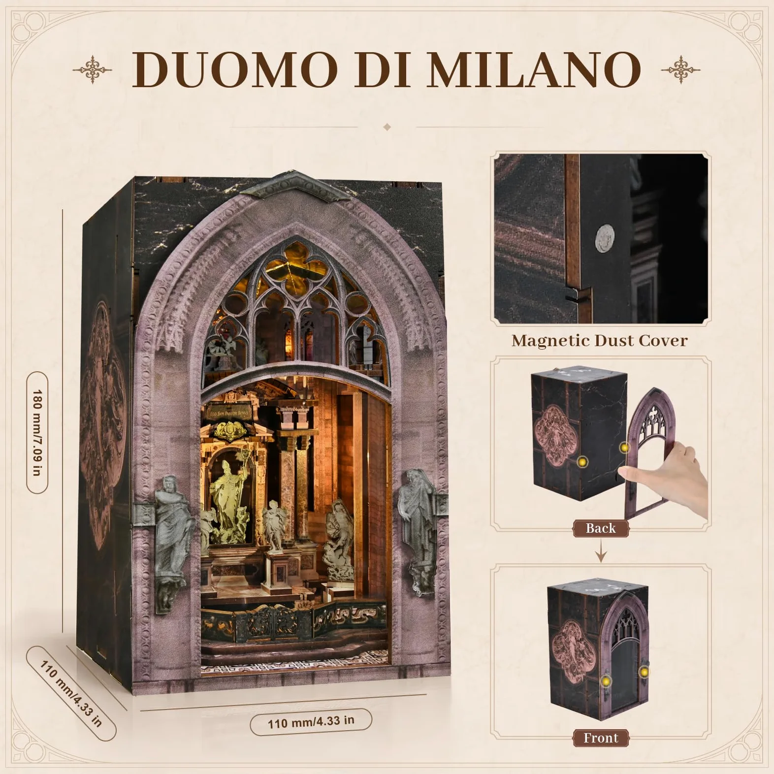 MiniCity Set di 2 angoli per libri fai da te, collezione Miniature World, serie di puzzle 3D con chiesa, decorazione estetica per librerie e hobby per bibliofili (Pantheon e Duomo di Mliano)