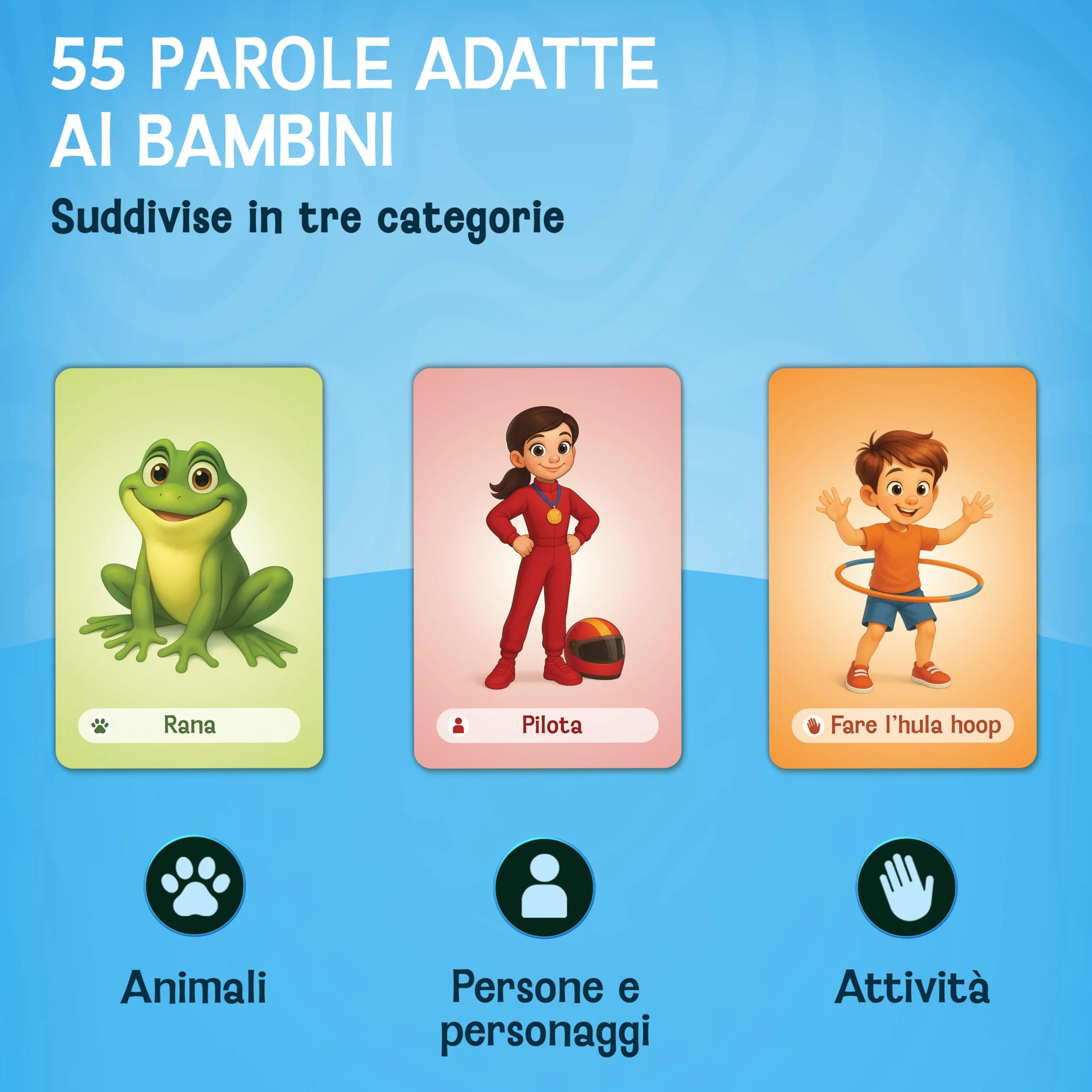 Mimo per bambini – Gioco carte divertente di mimica da 4, 5, 6, 7, 8, 9 anni – Gioco di indovinelli per tutta la famiglia – Per giocare all’aperto e in casa – Idea regalo per bambine e bambini