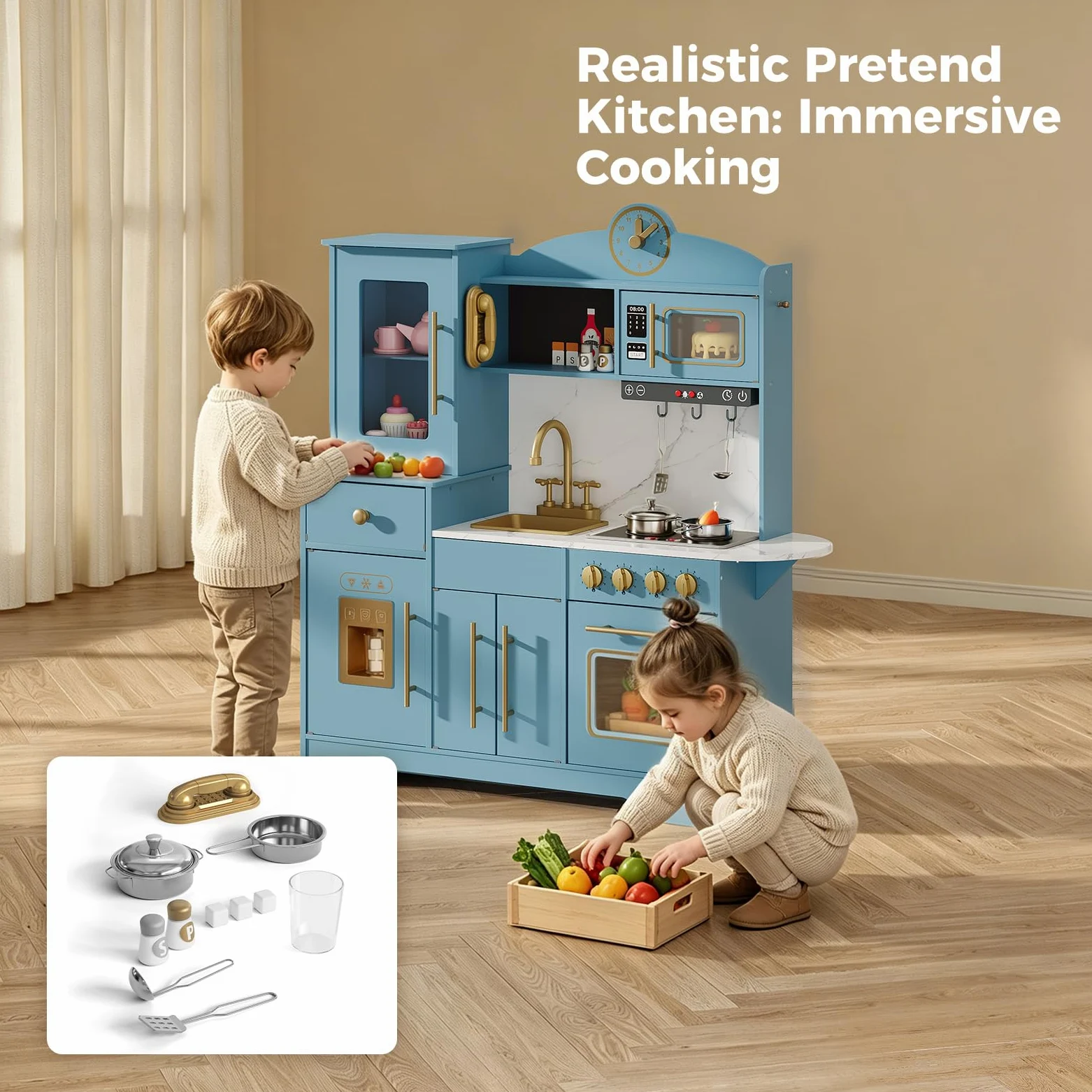 Cucina Giocattolo per Bambini in Legno con Interattiva LED, Cucina Bambini con Telefono, Orologio, Microonde, Piano a Induzione, Macchina del Ghiaccio, per Bambini da 3 Anni in Su, Blu