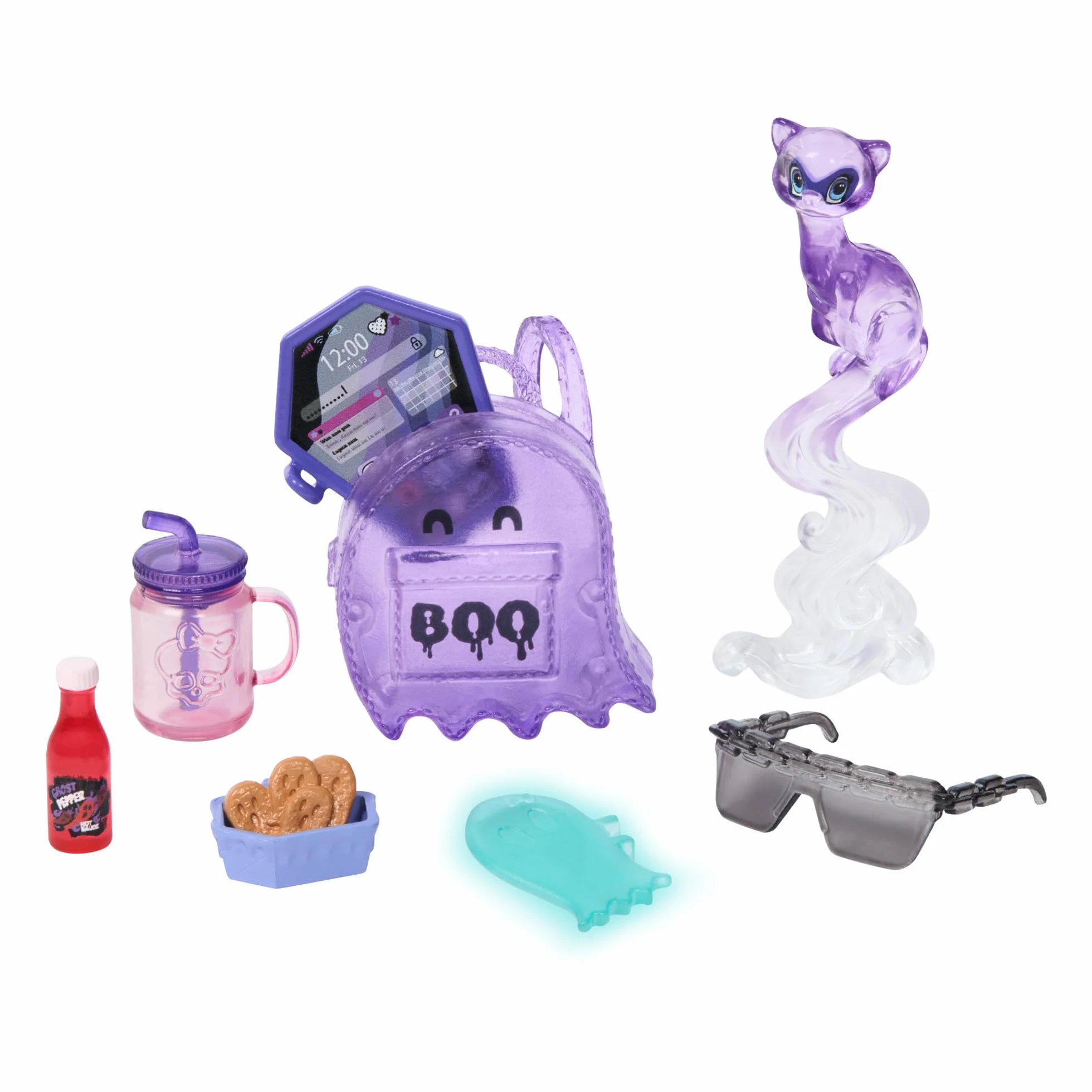 Monster High - Spectra Vondergeist, bambola alla moda con personaggio Rhuen il Furetto e tanti accessori inclusi come zaino, tablet e spuntini, giocattolo per bambini, 4+ anni, HXH77