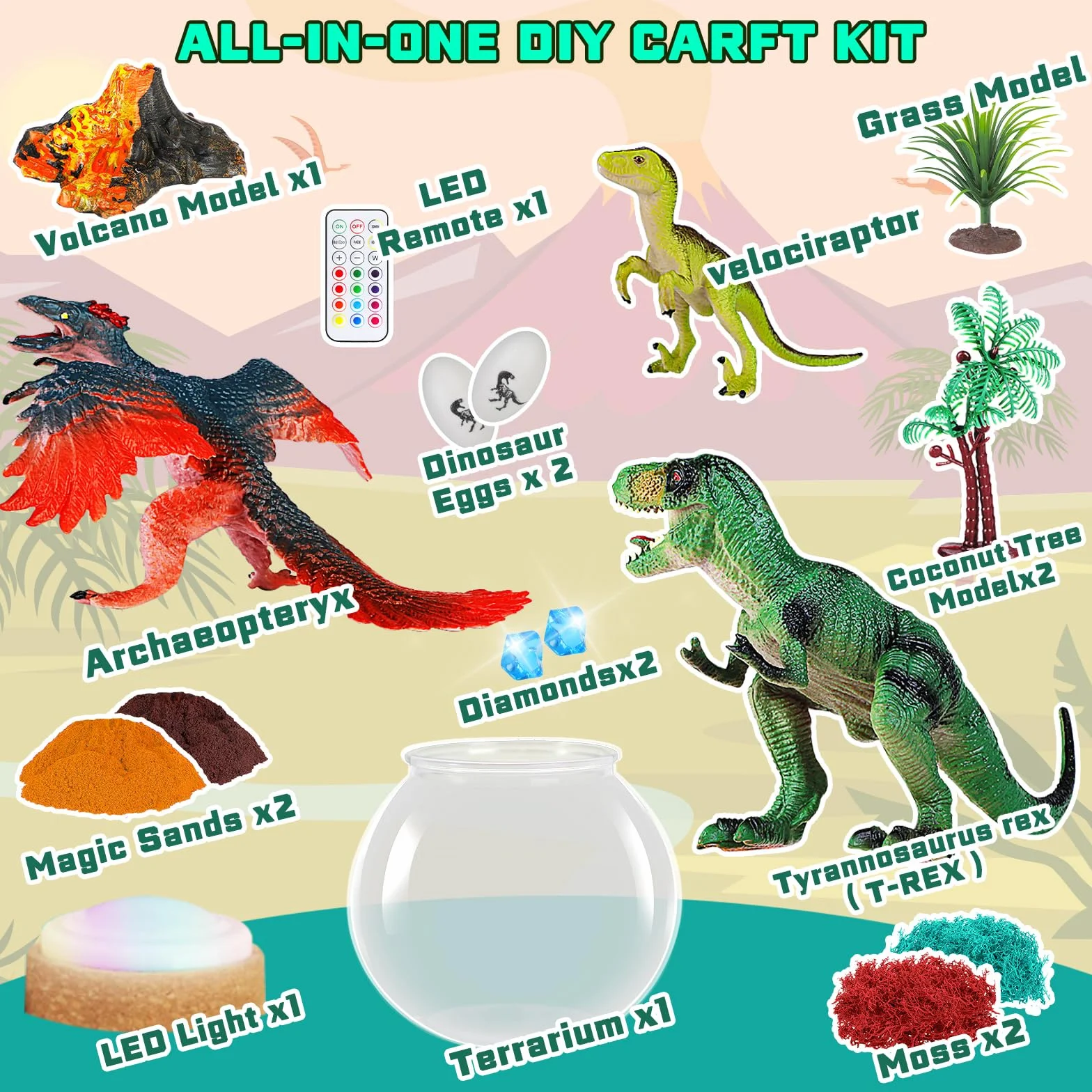 RONSTONE Giocattoli con Dinosauri per Bambino - Kit per Terrari e Regali di Compleanno per Bambini di 4 5 6 7 8-12 Anni - DIY Kit vulcano Dino & Artigianato Scientifico per Bambino Bambina