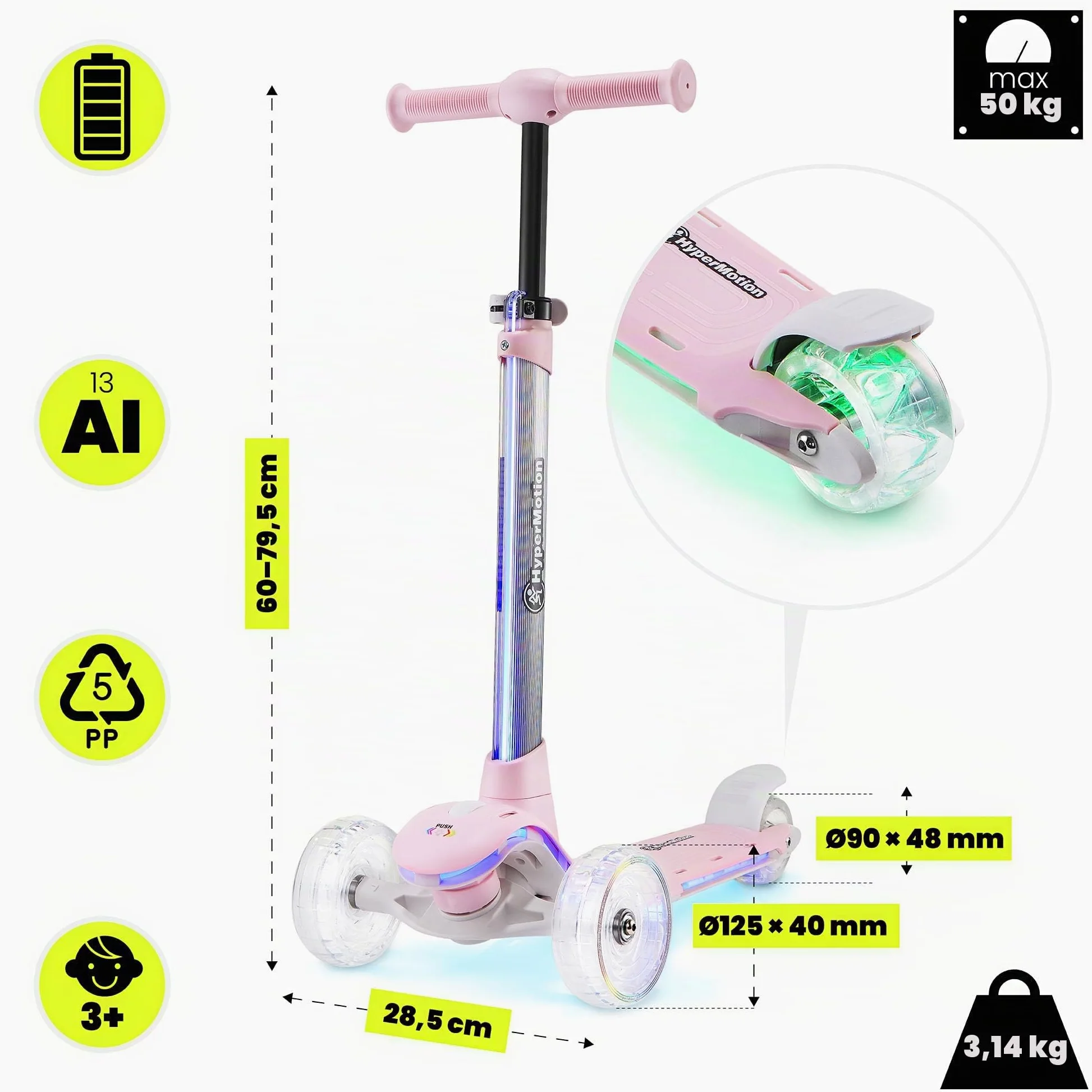 HyperMotion- Monopattino a tre ruote per bambini, 3-8 anni, con illuminazione