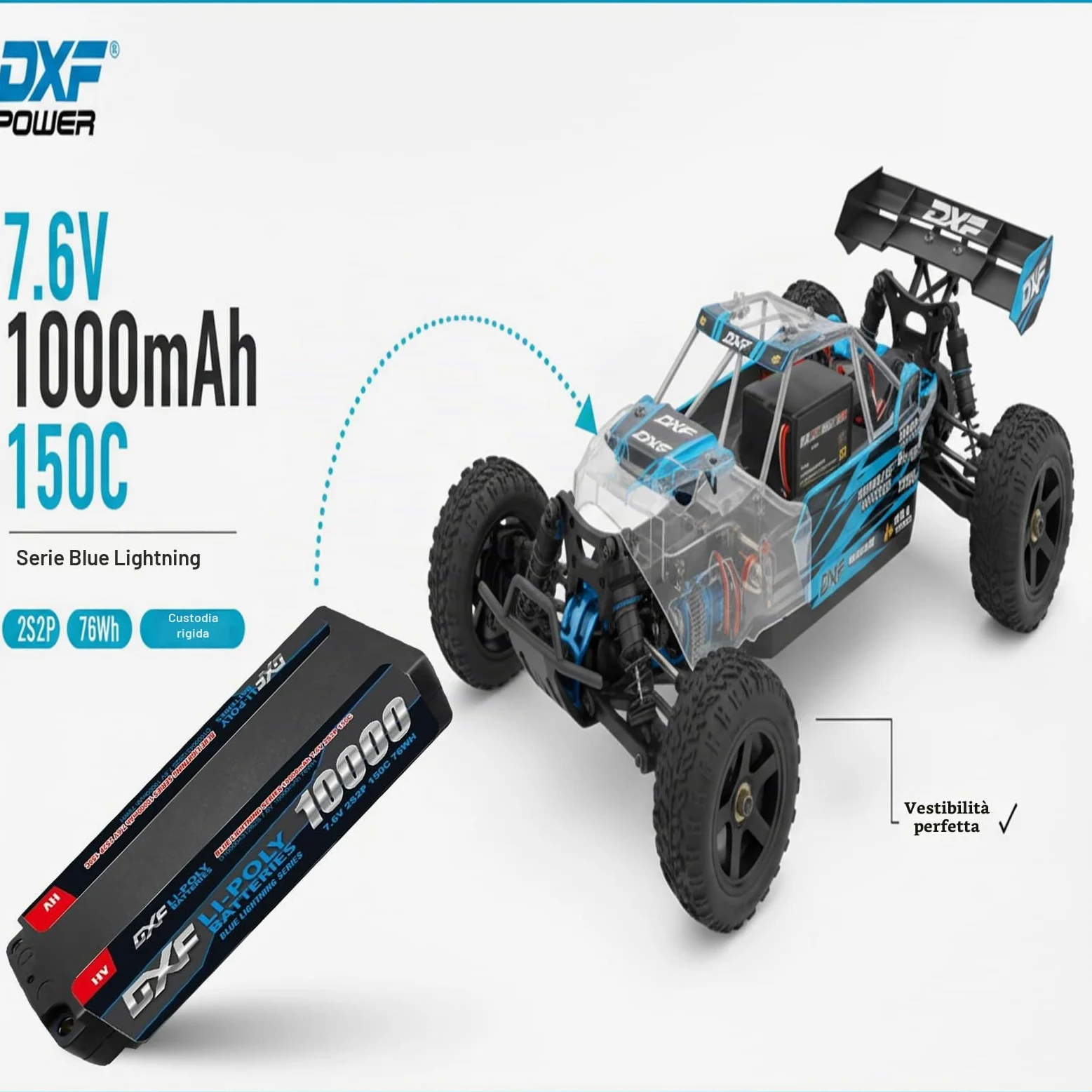 DXF Batteria LiPo 2S 7.6V 10000mAh 150C HV Bullet 5.0mm Spina T Auto RC 1/8 1/10 Truck Buggy Touring Drift Alta Capacità Lunga Durata Gare Racing Competizione Modellismo 2 Pezzi