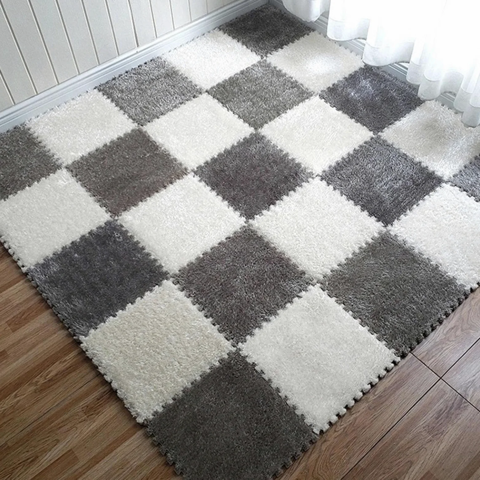Splice Interlocking Carpet Interlocking Tappetino Antiscivolo in Schiuma di Peluche, 12 Pezzi, Tappeto da Arrampicata Quadrato, tappeti Quadrati in Schiuma di Peluche,Gray+White-One Size