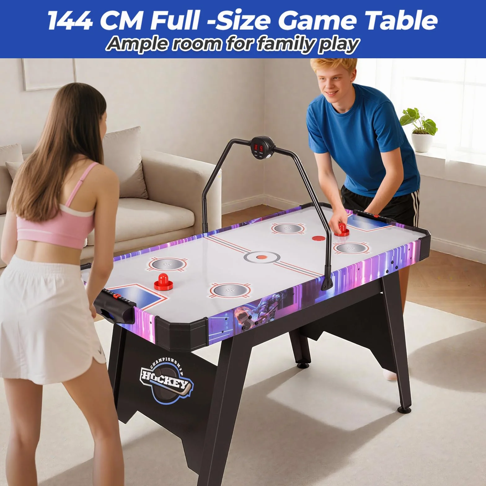 HOMASIS Tavolo da Gioco di Air Hockey con Tabellone Segnapunti LED, 2 Aste e Dischetti, Pedali Regolabili, Tavolo da Hockey per Famiglia, Bar, Casa, Ufficio, per Bambini e Adulti