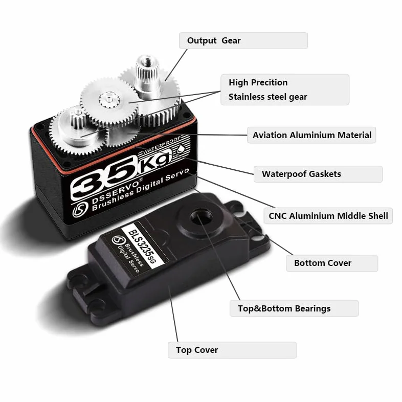 35kg Brushless RC Digital Servo High Torque Full Metal Gear IP67 Motore di sterzo veloce - 180 gradi