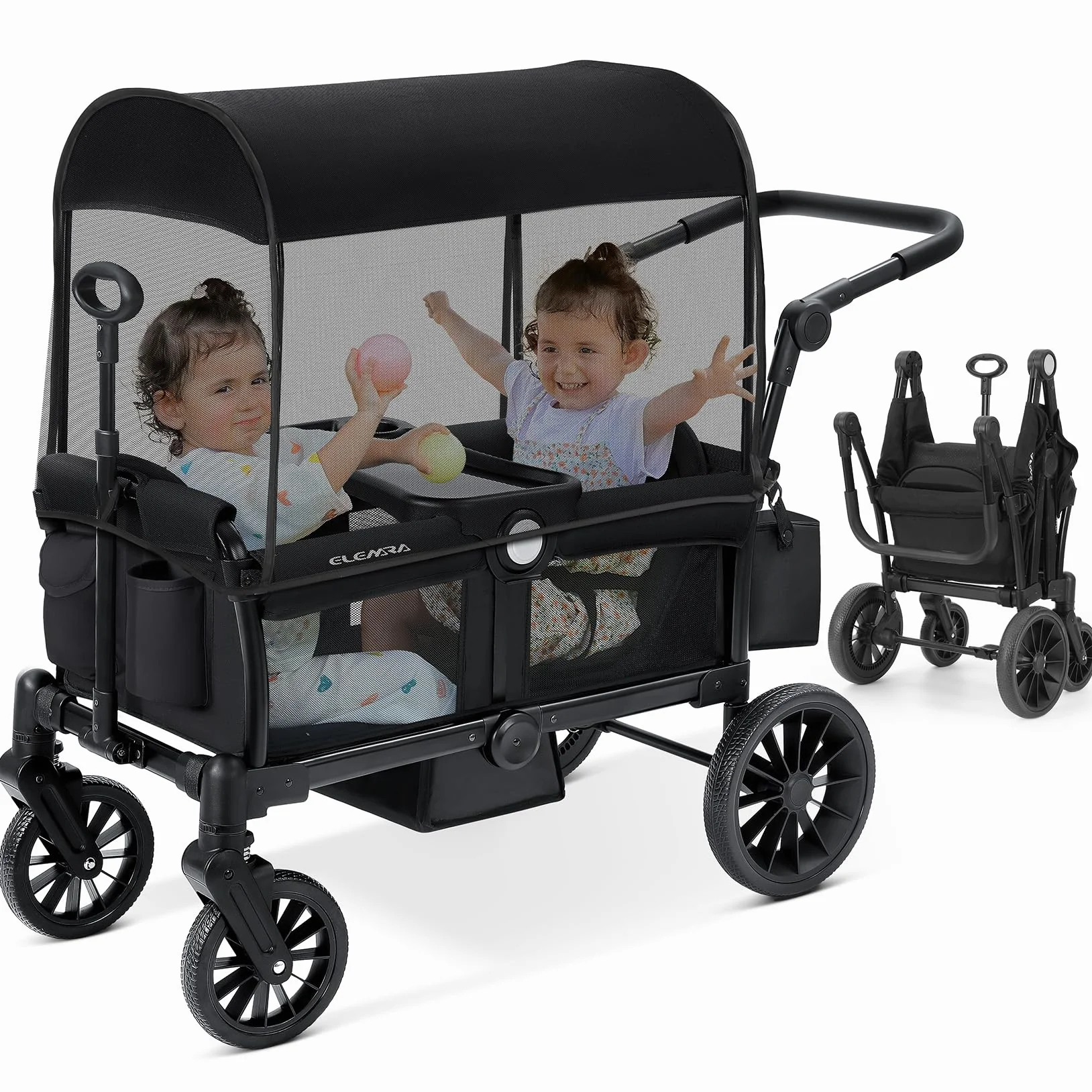 ELEMARA Passeggino per 2 bambino, passeggino pieghevole, carrello multiuso per bambino, carrello con tettoia rimovibile, maniglia regolabile, imbracature, grande borsa