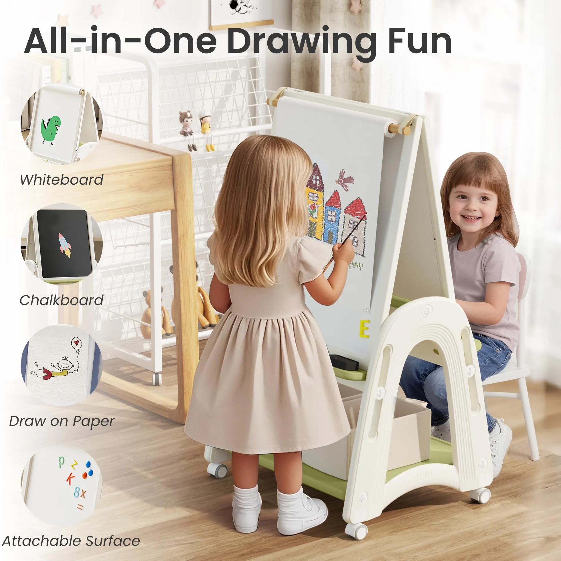 Cavalletto Artistico 3-in-1 per Bambini con Rotolo di Carta, Lavagna, Altezza Regolabile, Verde