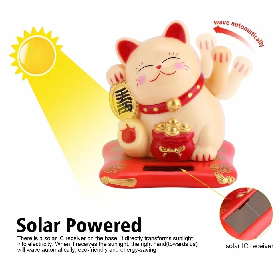 Maneki Neko Statua Gatto Giapponese Solare Braccio Ondeaggiante per Decorazione Auto Casa Giallo