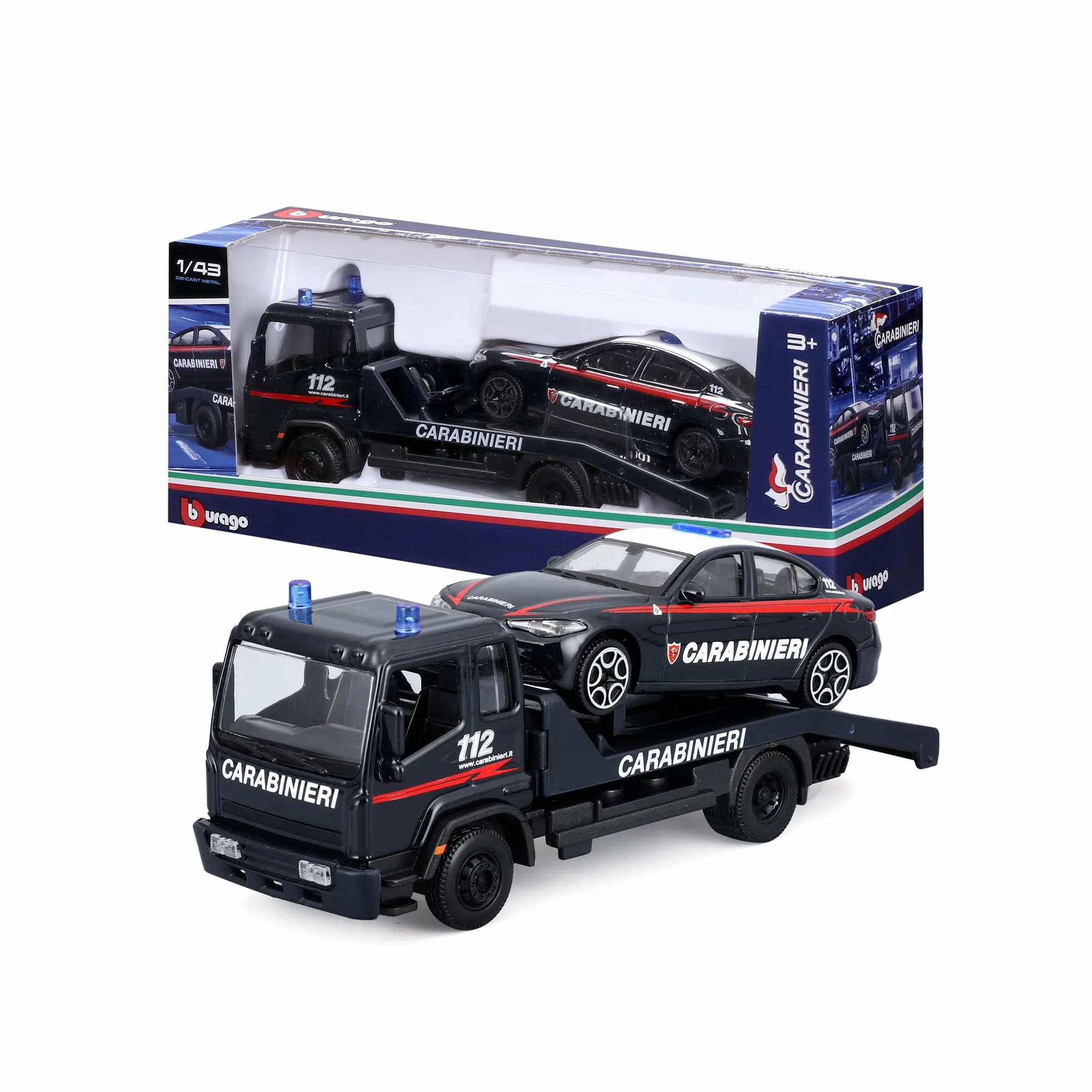 BBURAGO Carro Attrezzi Carabinieri con Auto, Scala 1:43, Modello Diecast con Licenza Ufficiale, Dettagli Realistici, Età 3+