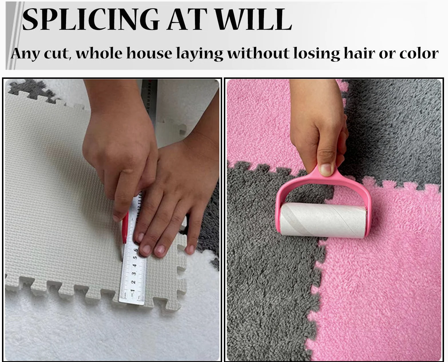 Splice Interlocking Carpet 16 Pezzi Tappetino in Schiuma Patchwork di Peluche, Tappetino in Peluche Quadrato Puzzle, Tappeto in Schiuma Antiscivolo,Gray+Rose-0.6cm