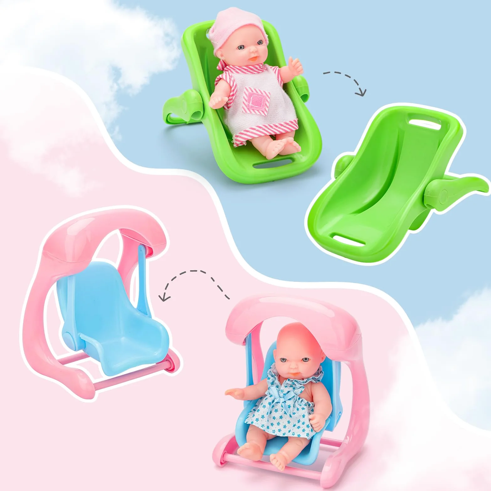 deAO Set 8 Mini Bambole 13 cm con Accessori – Gioco Creativo per Bambini 3+ | Include Deambulatore, Sedia Dondolo, Seggiolino Auto, Altalena, Vasino, Biberon, Età, Perfetto per Ruolo, Soli o in Gruppo