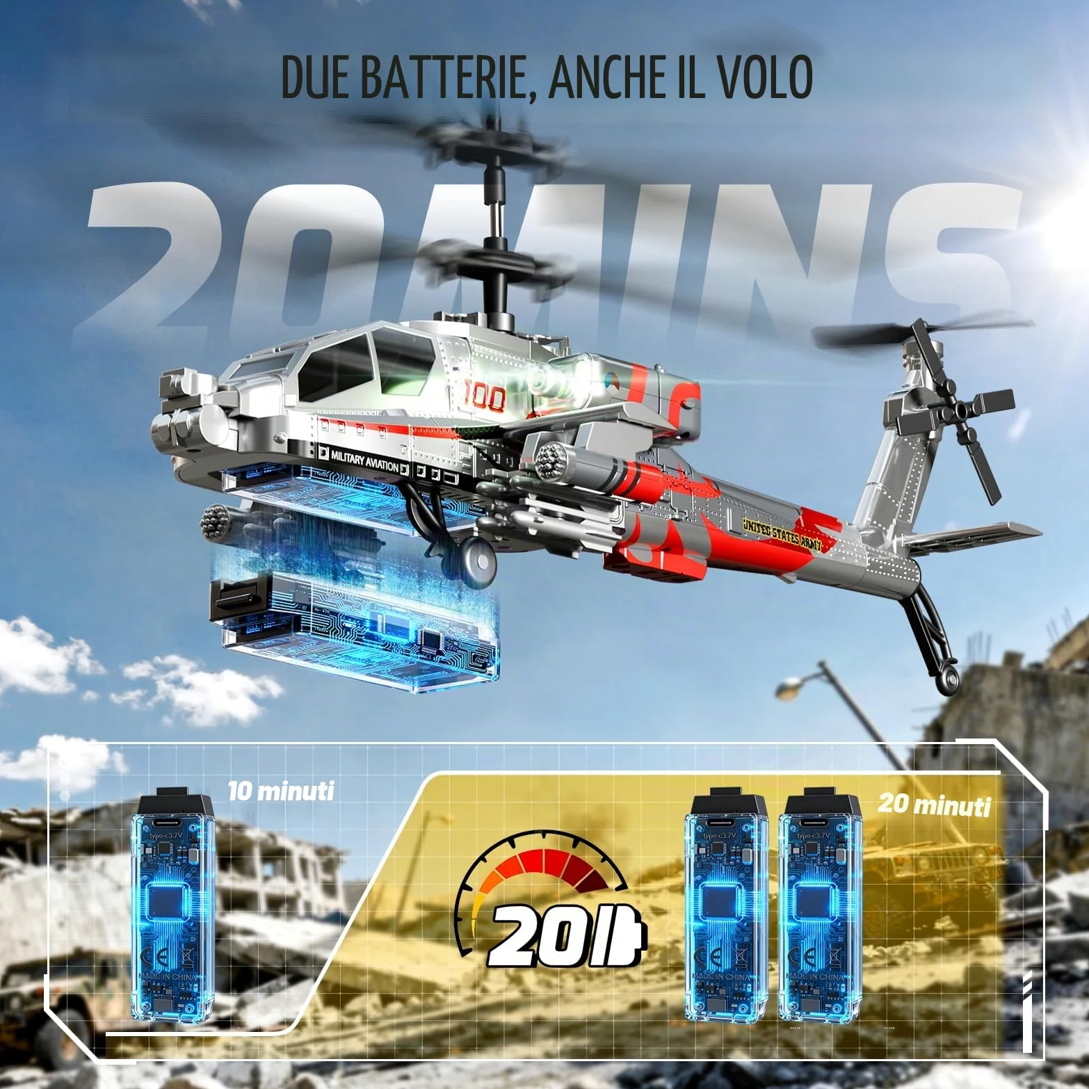 XIKOTEC Elicottero Telecomandato per Bambini Elicottero Radiocomandato | Elicottero RC con 2 Batt, LED & Decollo/Atterraggio 1 Tasto, Elicottero Giocattolo Giochi Regalo per Ragazzi 8+ Argenteo
