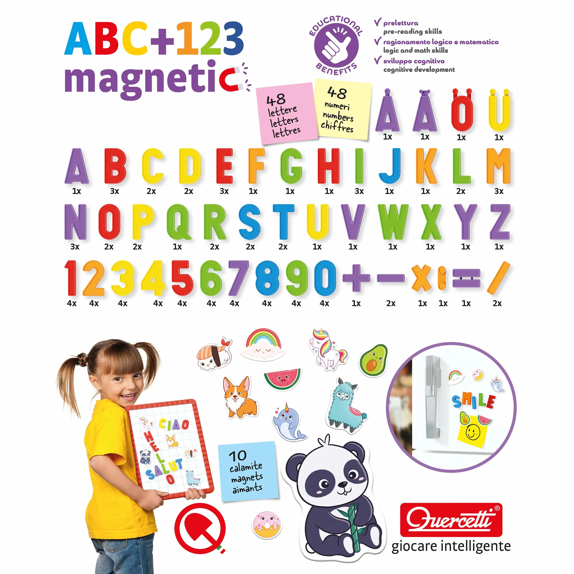 Quercetti ABC 123 Magnetic, Lettere e Numeri Magnetici per Bambini, Calamite Giochi Educativi 4 Anni, Lavagna Magnetica