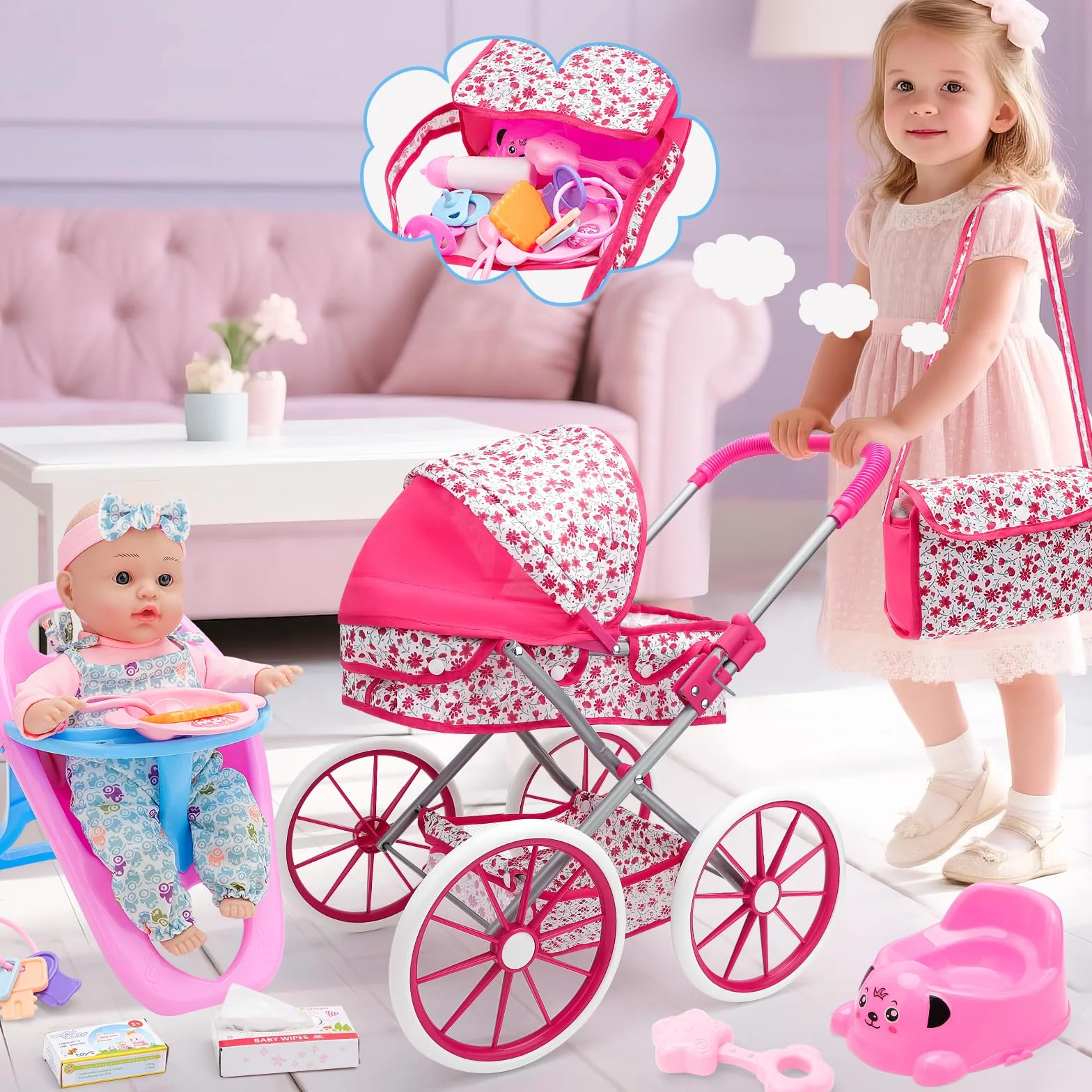 deAO Carrozzina Bambole con Bambola 30 cm, Seggiolone e Accessori Passeggino Giocattolo per Bambina dai 3 Anni, con Cestino Portaoggetti e Borsa Giocattolo Educativo per Bambina 3+ Anni