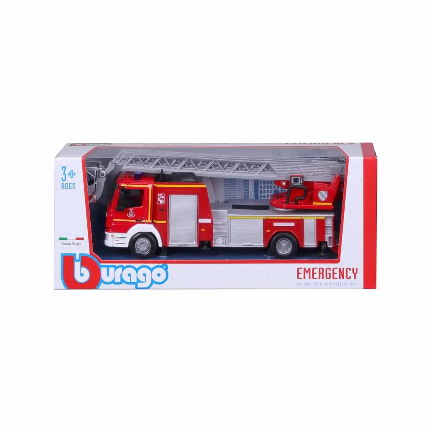 Bburago B18-32018 Camion dei Pompieri Mercedes ATEGO Magirus DLK pressofuso con Braccio funzionante, Rosso, Medio