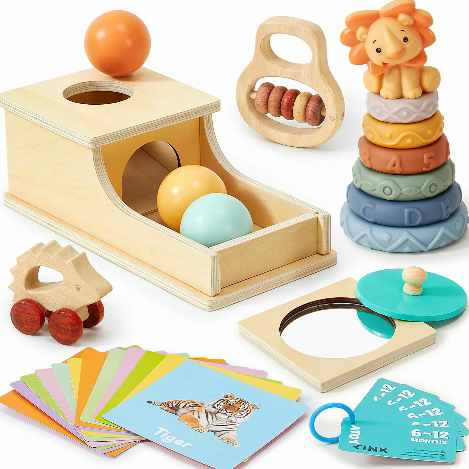 Atoylink Giochi Neonato 6 9 12 Mesi Giochi Legno Montessori con Object Permanence Box & Cubi Impilabili Bambini & Sonaglio Neonato & Flashcards, Giocattoli Giochi Sensoriali per Neonati
