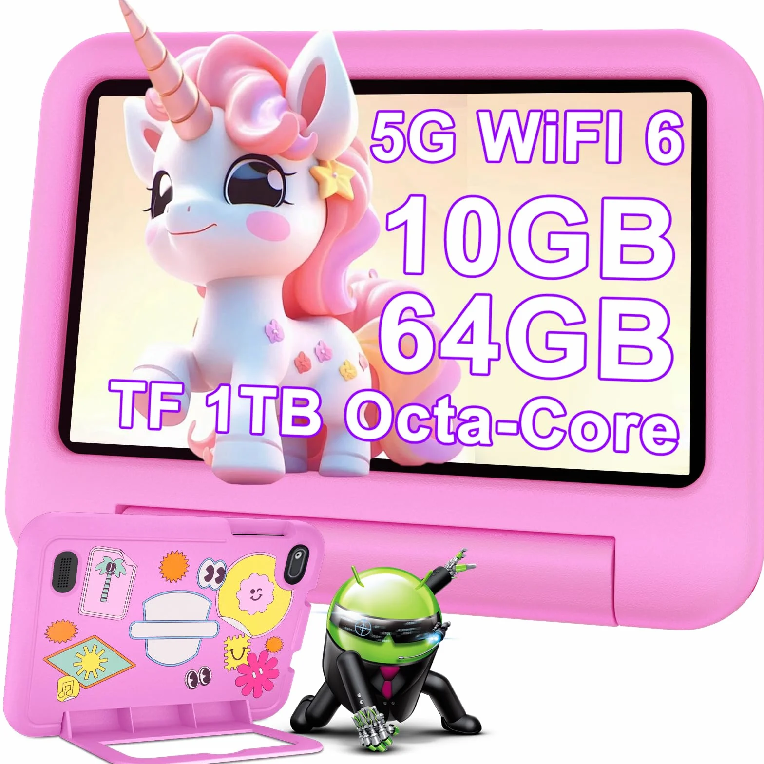 Tablet per Bambini Andorid 14 Tablets 7 Pollici 10GB RAM + 64GB ROM (TF 1TB), 5G WiFi 6, BT5.0, Octa-Core, Controllo Parentale | Doppia Fotocamera | GMS Certificated | GPS | Tablet con Custodia - Rosa