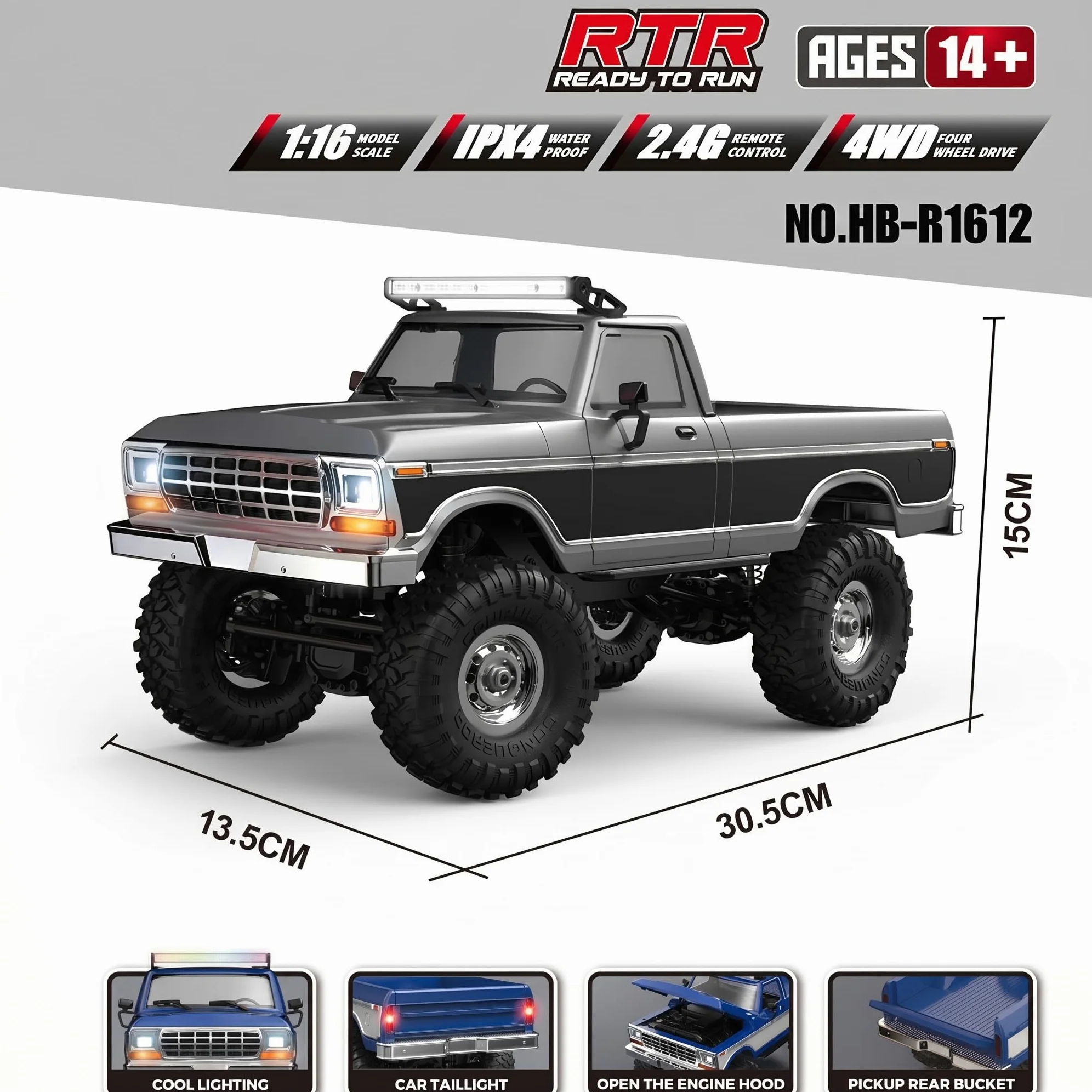 Auto telecomandata 1/16, pickup 4x4 proporzionale 2,4G, fuoristrada con 12 modalità di fari, auto radiocomandata per adulti (RTR/nero)