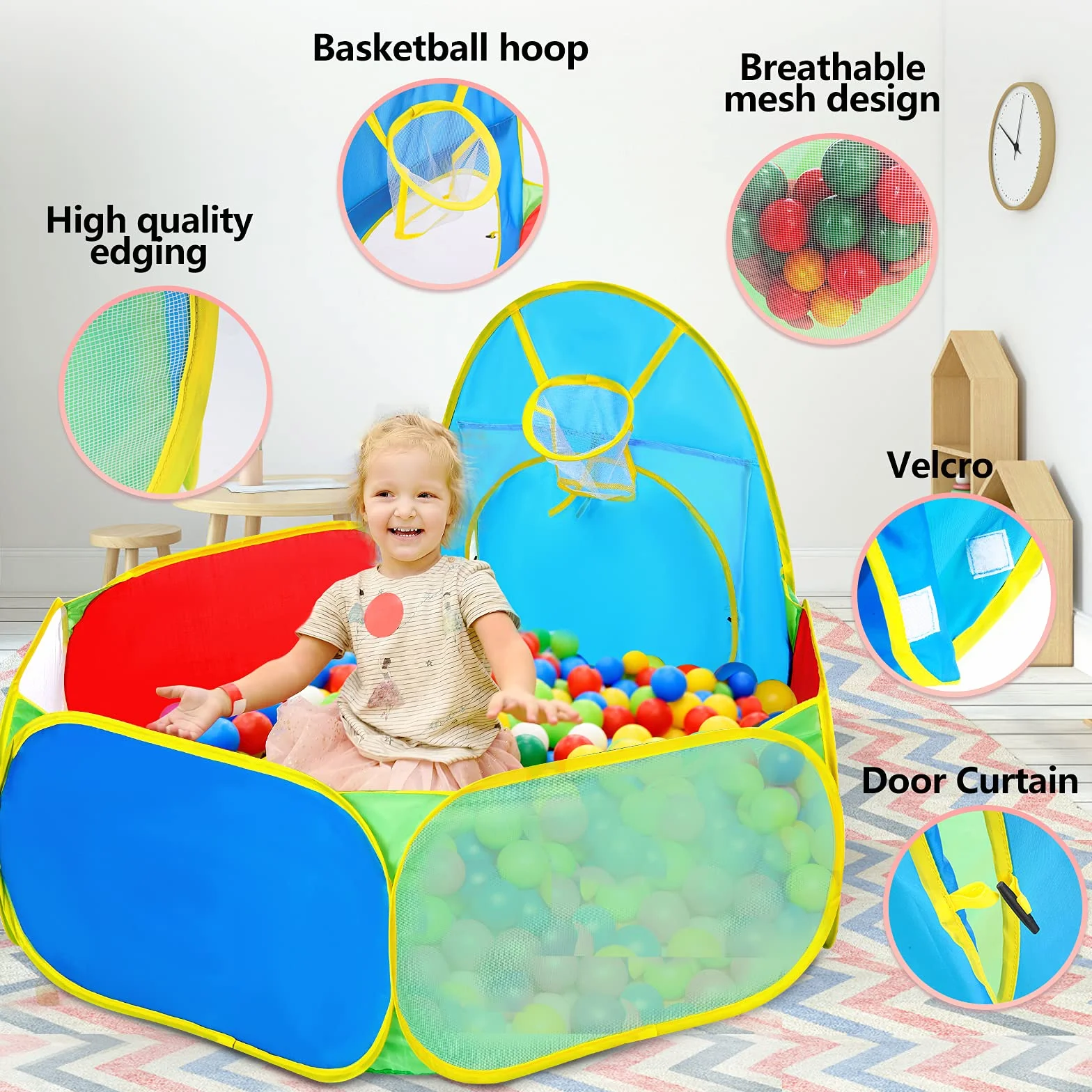 Eocusun Piscina per palline per bambini, per interni ed esterni, tenda da gioco portatile con canestro da basket e borsa con cerniera (palline non incluse)