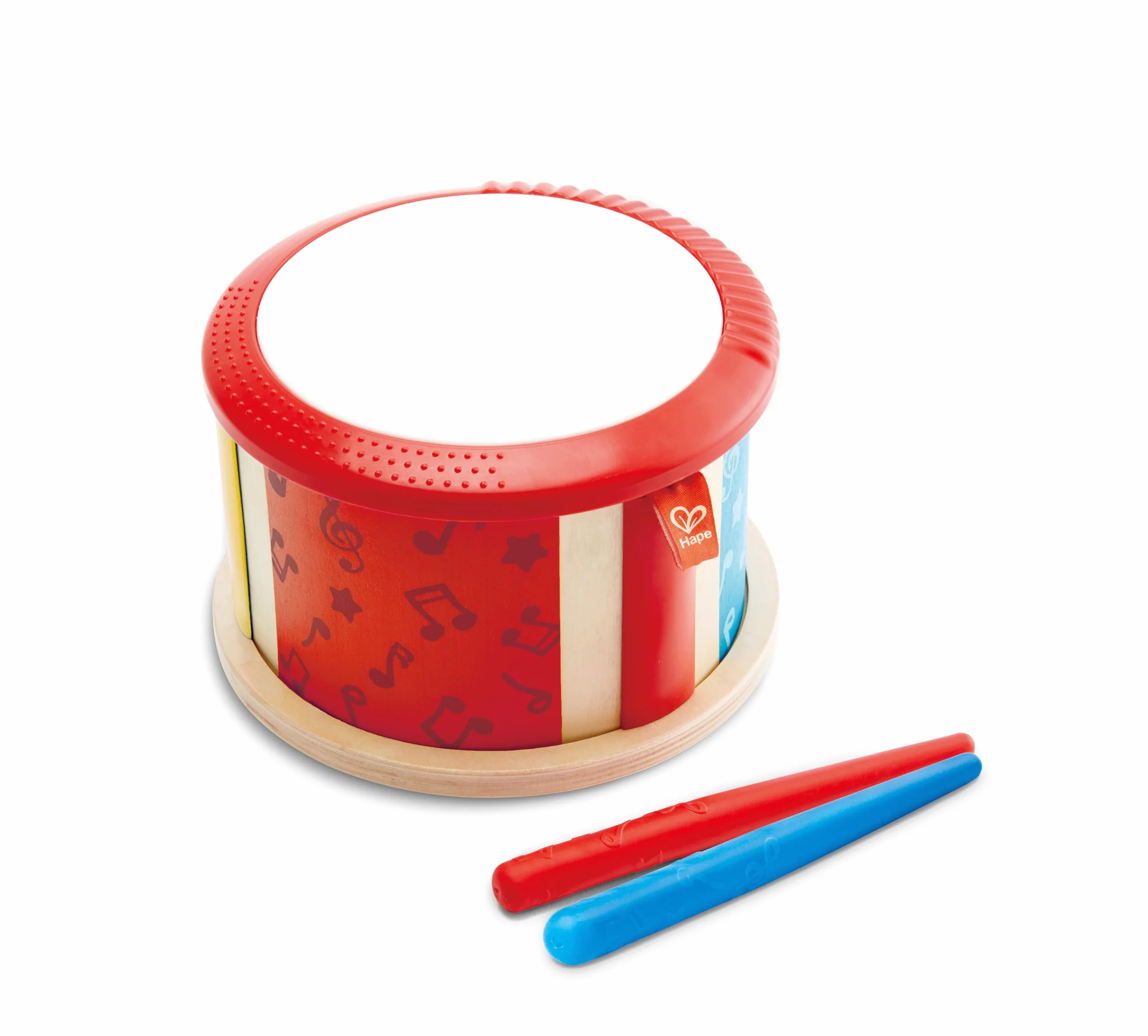 Hape Tamburo a due facce con bacchetta in legno | Diverse modalità di uso per esplorare suoni e musica dai 12 mesi