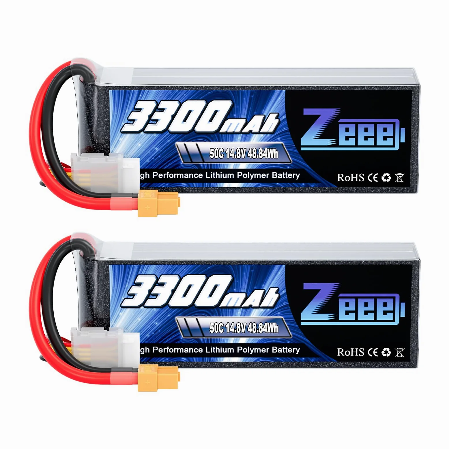 Zeee 4S Lipo 14,8V 50C 3300mAh RC Batteria con Connettore XT60 (2 pezzi) | Batteria RC per FPV Racing UAV Drone Veicolo a quattro assi elicottero RC Nave RC Veicolo RC Modells