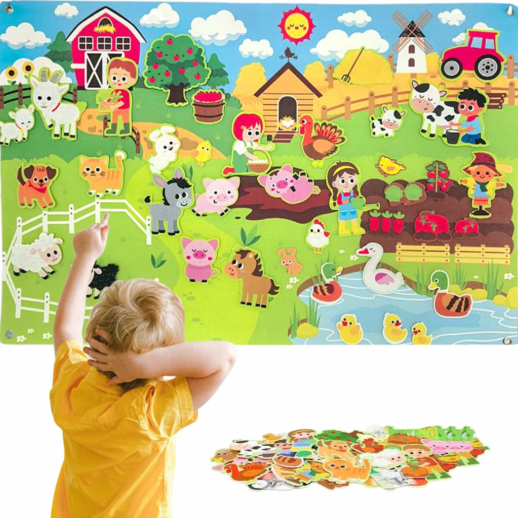 Set di tavolette in feltro con animali da fattoria, 41x30 pollici, narrazione interattiva, giocattoli da tavolo per bambini piccoli, attività di apprendimento precoce sulle pareti in feltro per bam