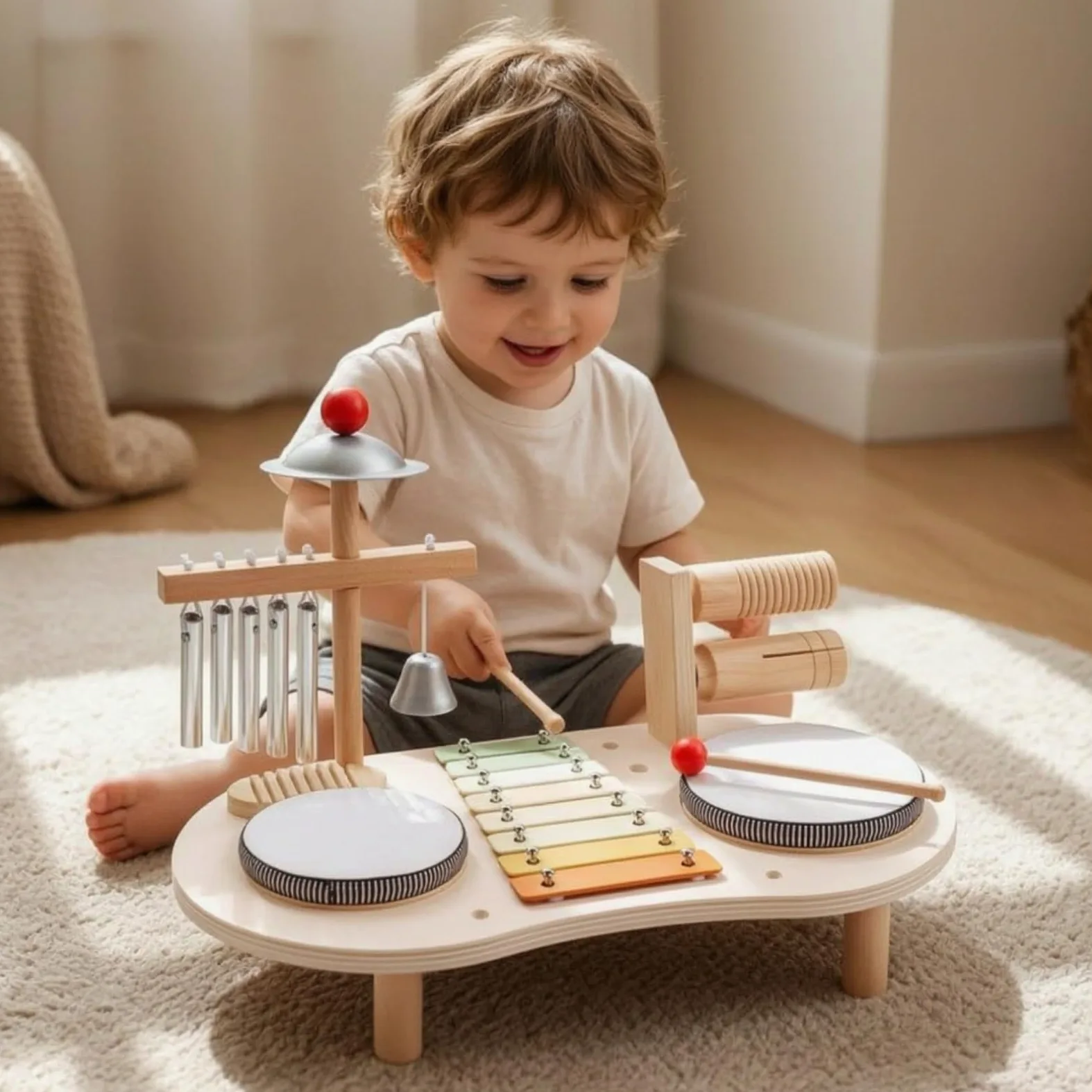 Colcolo Strumento a Percussione per Bambini Set Musicale Educativo Xilofono Piatti Campane a Bacchette in Legno Apprendimento Ritmico Adatto per Ambienti Prescolari Playroom Camerette Casa