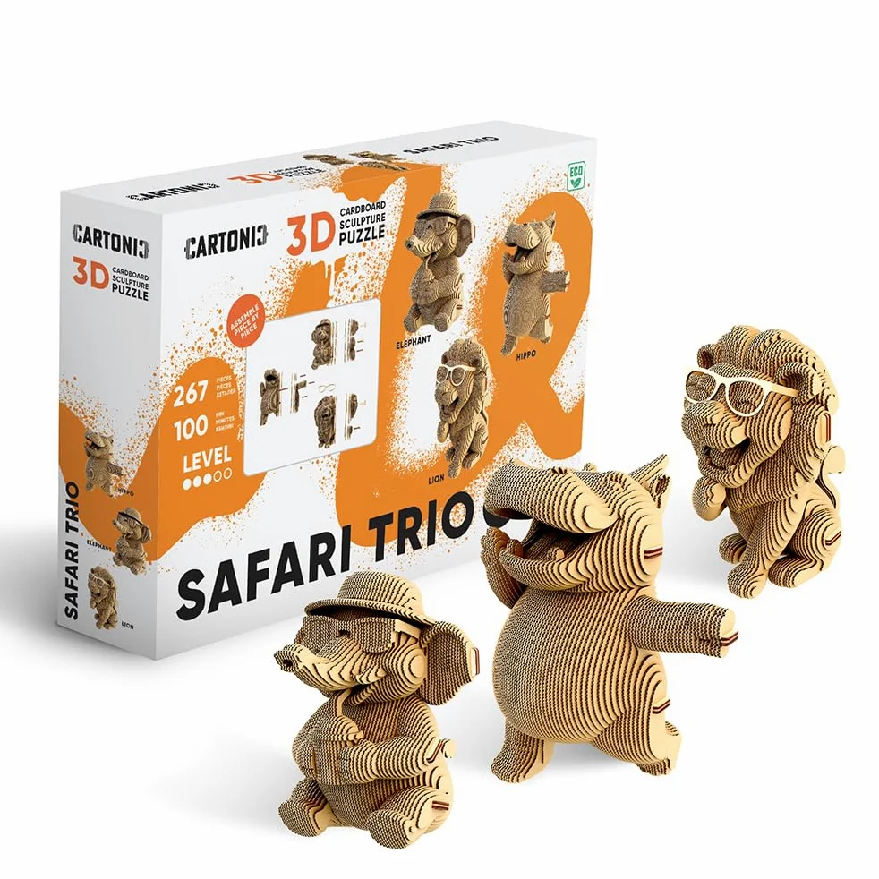 Safari Trio Set Puzzle 3D in Cartone – 3 Modelli, 267 Pezzi, con Materiali Riciclati, Sculture Fai da Te | 267 Pezzi, Kit Fai da Te in Cartone Riciclato da Montare e Dipingere – Adolescenti e Adulti, Idea Regalo Creativo