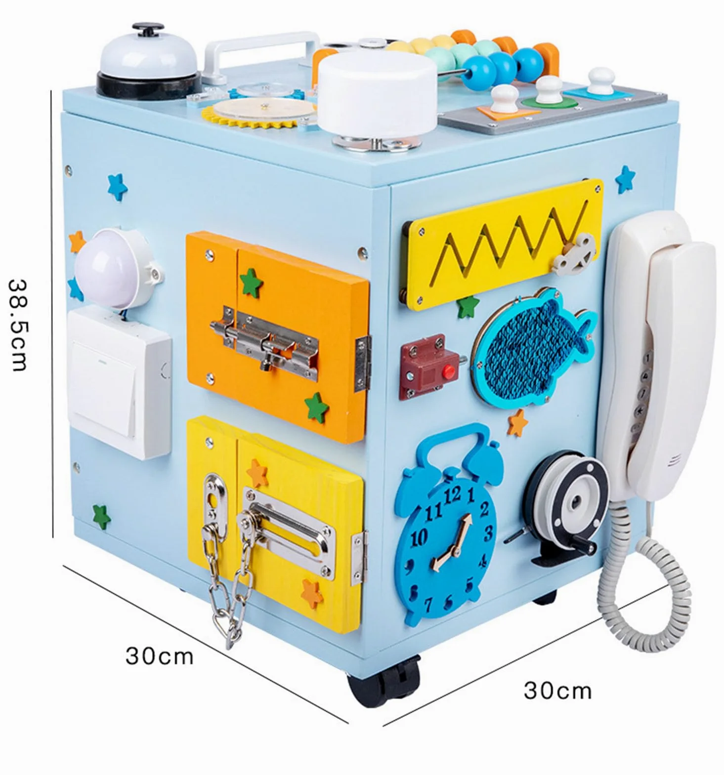 Tavola attività Montessori Busy Cube, Giocattolo Sensoriale in Legno per Bambini, Scatola Busy Multifunzionale,Blu