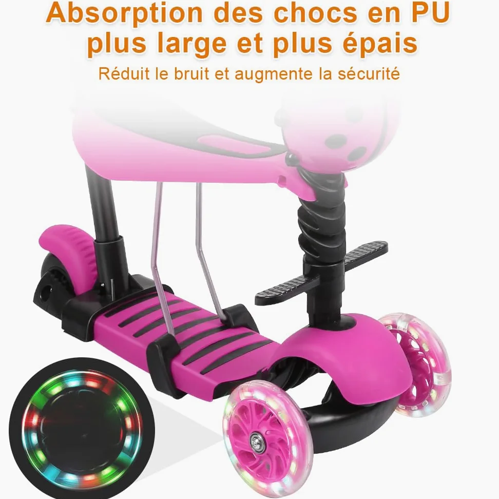 Monopattino per bambini 5 in 1 a partire dai 2 anni fino a 50 kg, con sedile pieghevole e ruote LED, regolabile in altezza, pieghevole, triciciclo scooter per bambini e bambine