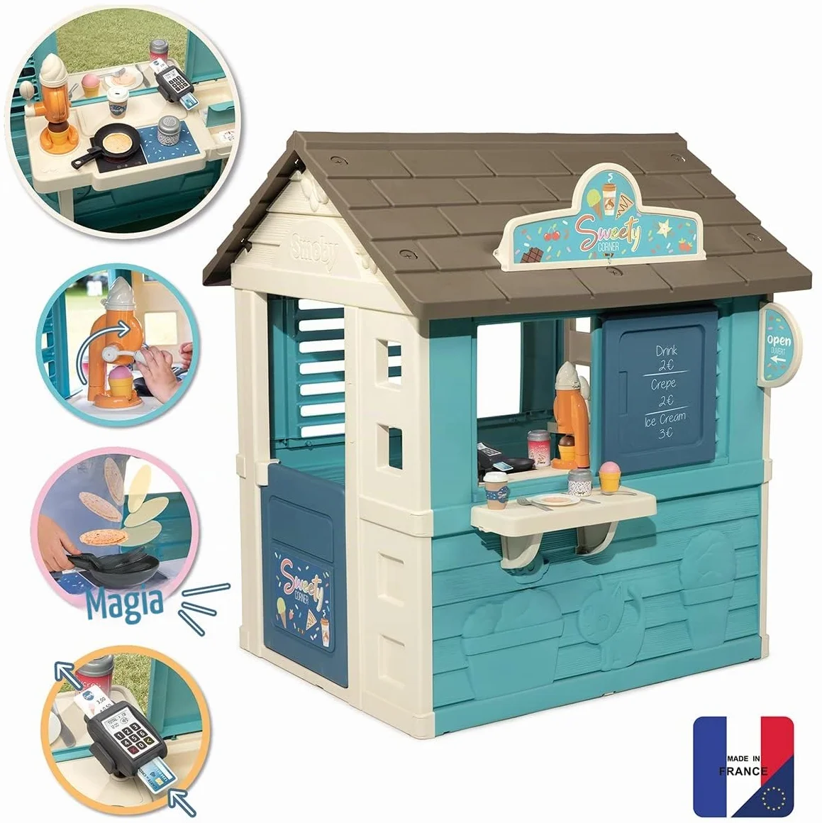 Smoby Casetta Sweety Corner Gelateria, 7600810718, + 2 Anni, con 18 Accessori Inclusi