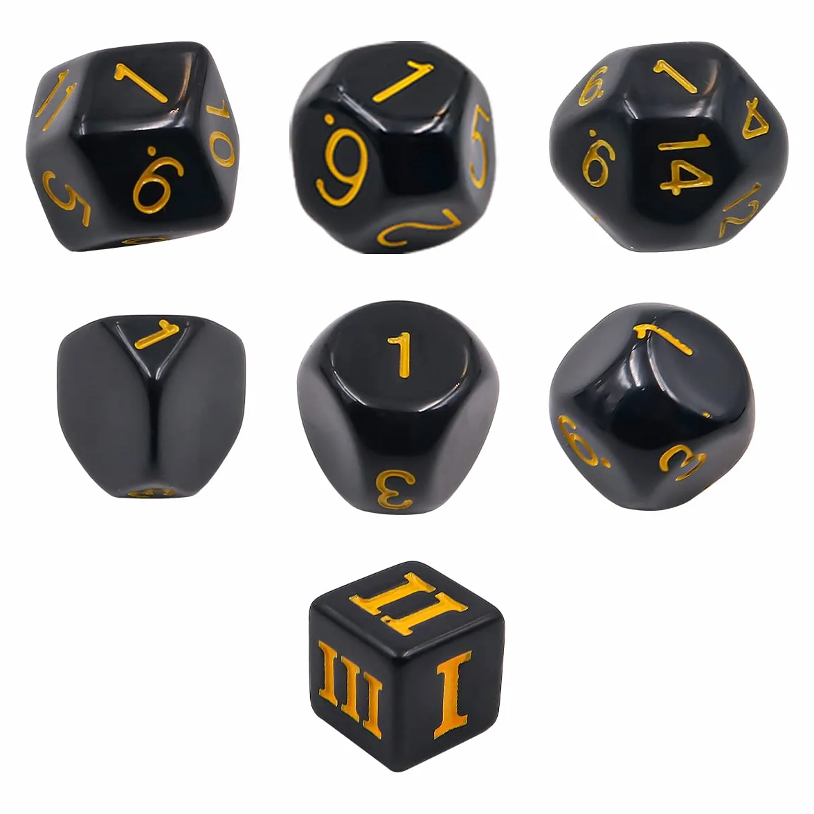 DollaTek Set completo di dadi poliedrici D3-D100, 15 pezzi, per giochi di ruolo, da tavolo, neri e gialli