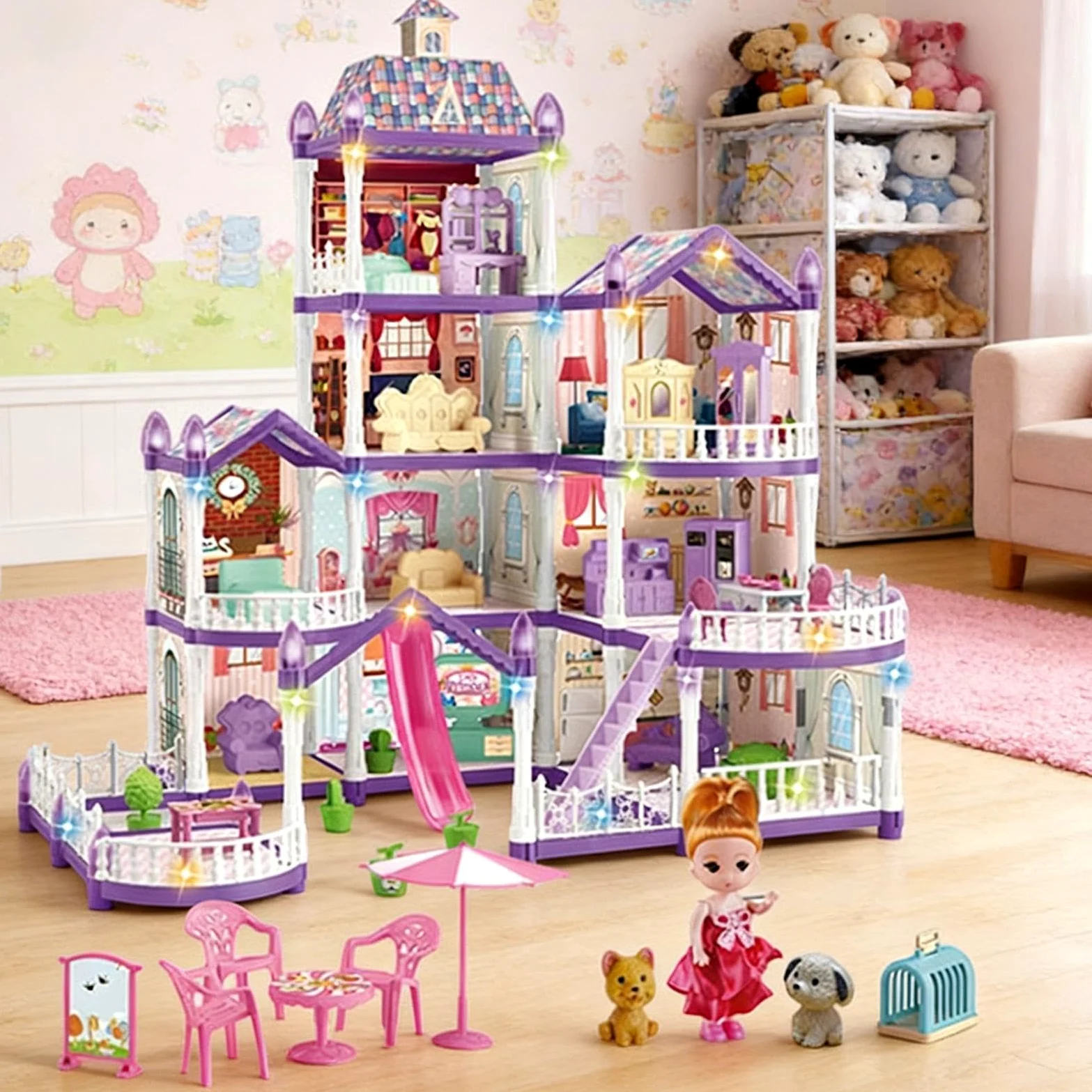 Casa Di Bambole Per Bambine 4 Piani 13 Stanze Villa Miniatura Da Montare | Set di Casa con 3 Principesse e 2 Cuccioli e Arredamento Per Bambine 4-6 Anni Ruolo Finzione