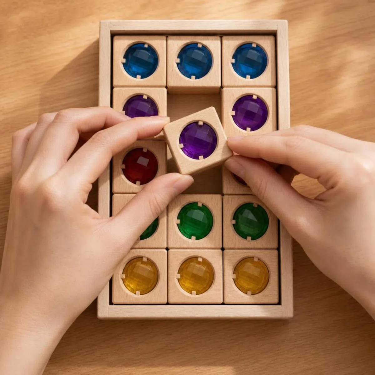15 Pezzi Blocchi di Legno Traslucidi | Sensoriale, Costruzioni in Legno con Inserti Acrilici, Educativi, per Tavolo Luminoso, Asilo Nido, Neonati
