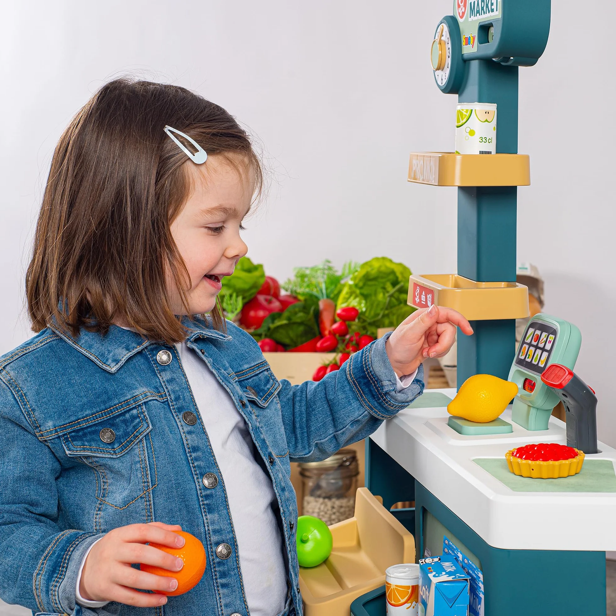 Smoby - Supermercato - Carrello della spesa per bambini - Carrello della spesa incluso - Bilancia meccanica - Funzioni elettroniche - 42 accessori - Dai 3 anni - Prodotto in Francia