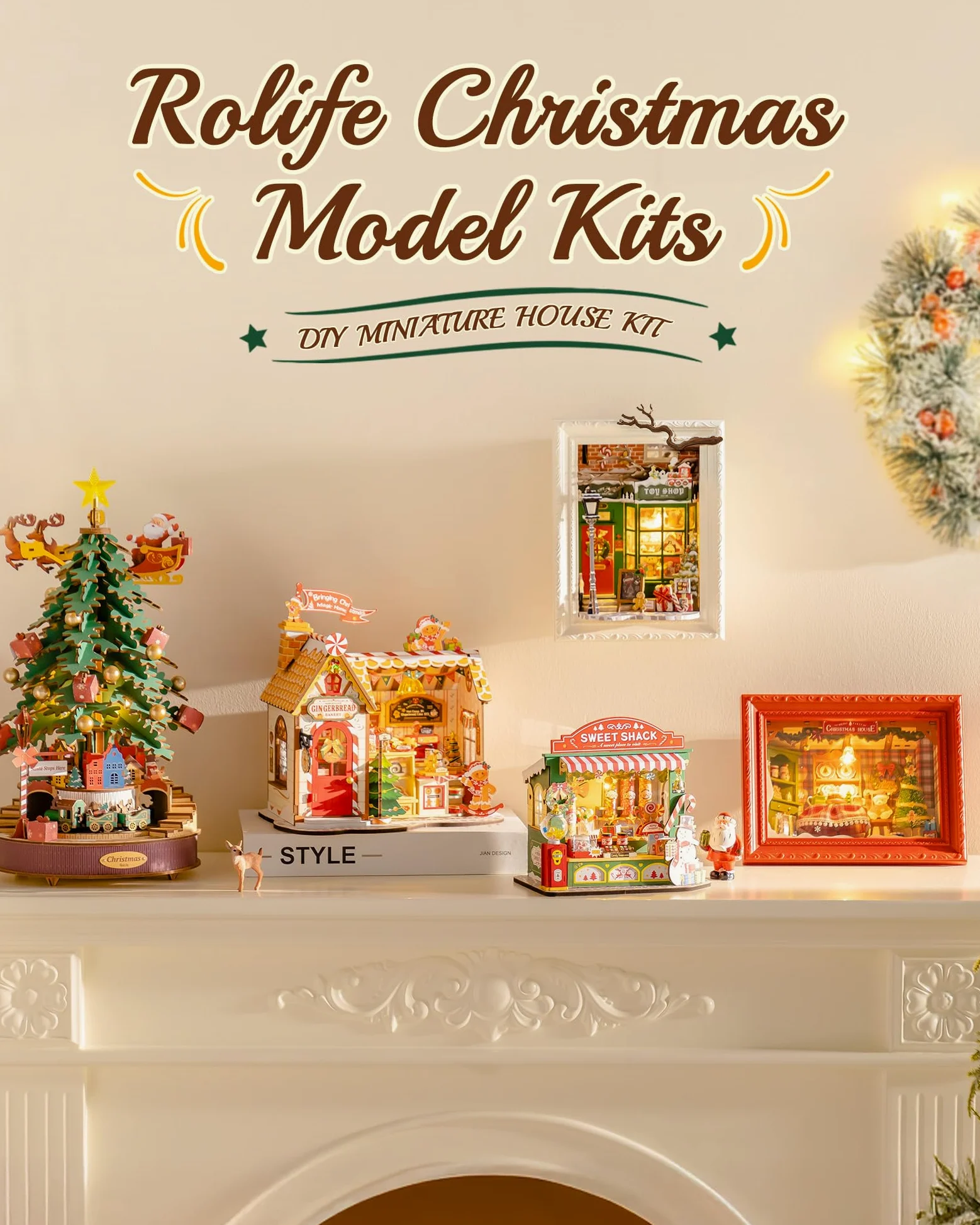 Rolife Casa delle Bambole di Natale Casetta Pan di Zenzero Kit Miniatura Fai-da-te Modello in Legno Decorazione Natalizia Regalo Creativo per Adulti e Ragazzi