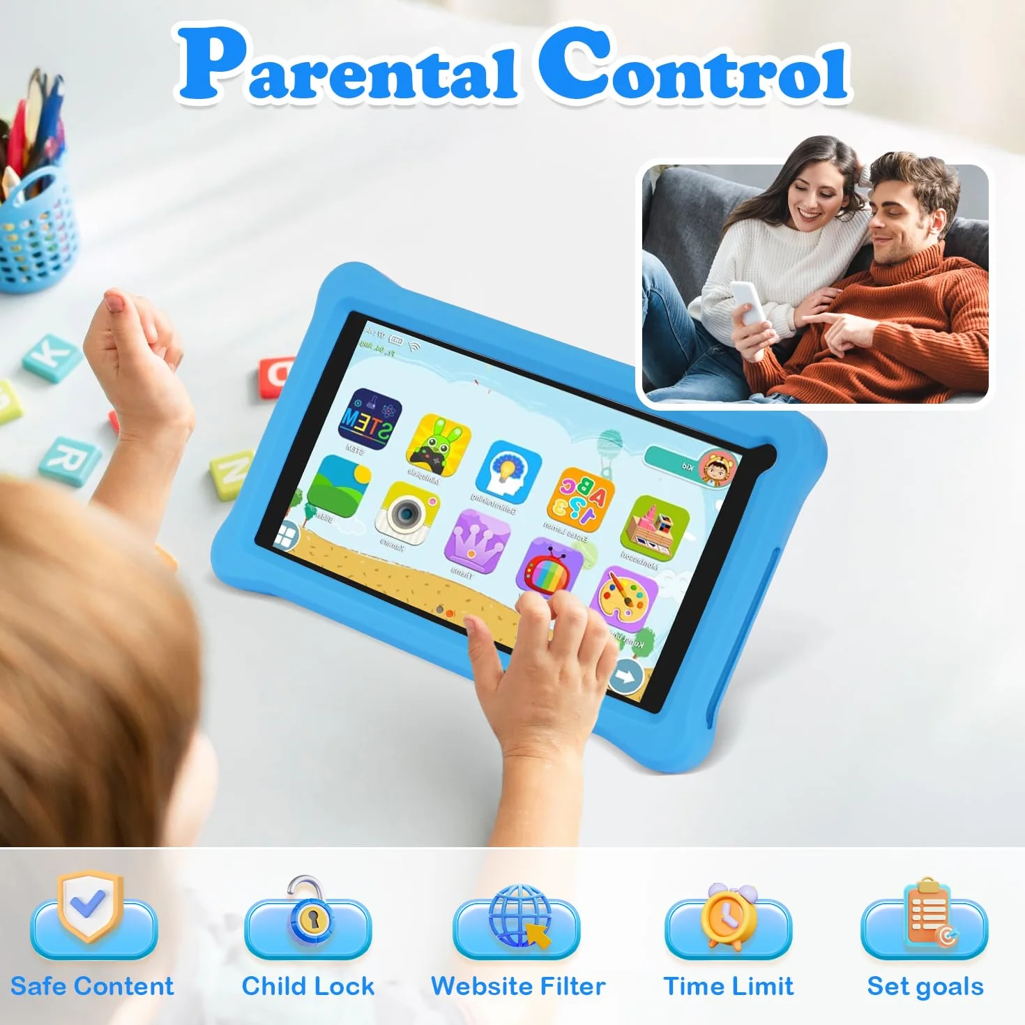 Tablet bambini 7 pollici Android 13, 8GB RAM+64GB ROM(128 GB Espandibile), Controllo Parentale, Display IPS, Doppia fotocamera, WiFi, App Pre-installed, Tablet Educativo con Custodia (Blu)