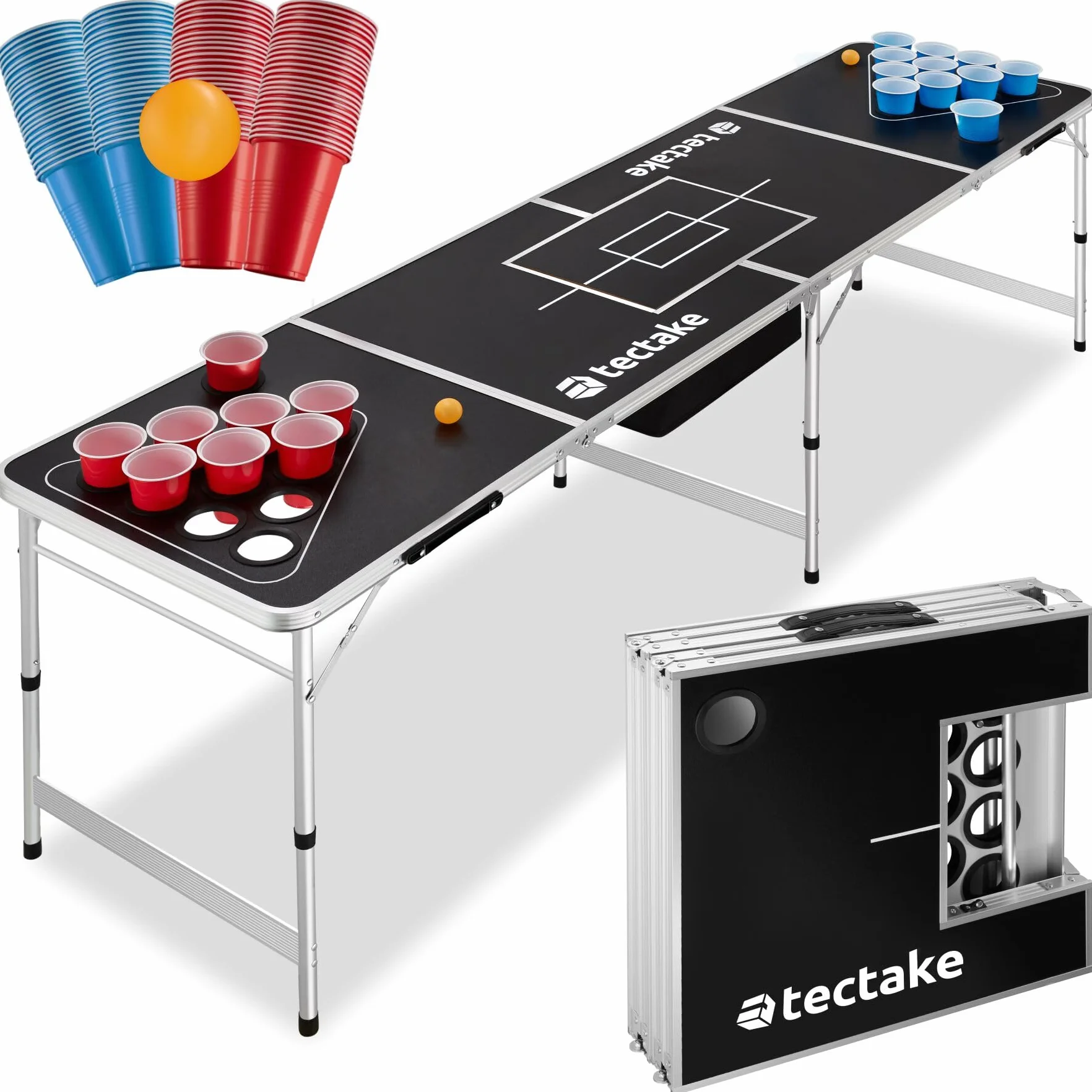 tectake® Tavolo da Beer Pong, Pieghevole con Maniglia, Kit Completo Bicchieri Multicolor e Palline, Beer Pong Set, Struttura in Alluminio, Regali Divertenti, Giochi per Festa - 235 x 60 x 70 cm
