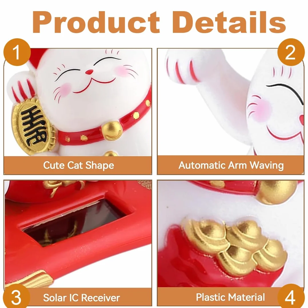 Maneki Neko Lucky Cat Gatto Cinese Portafortuna ad Energia Solare Bianco