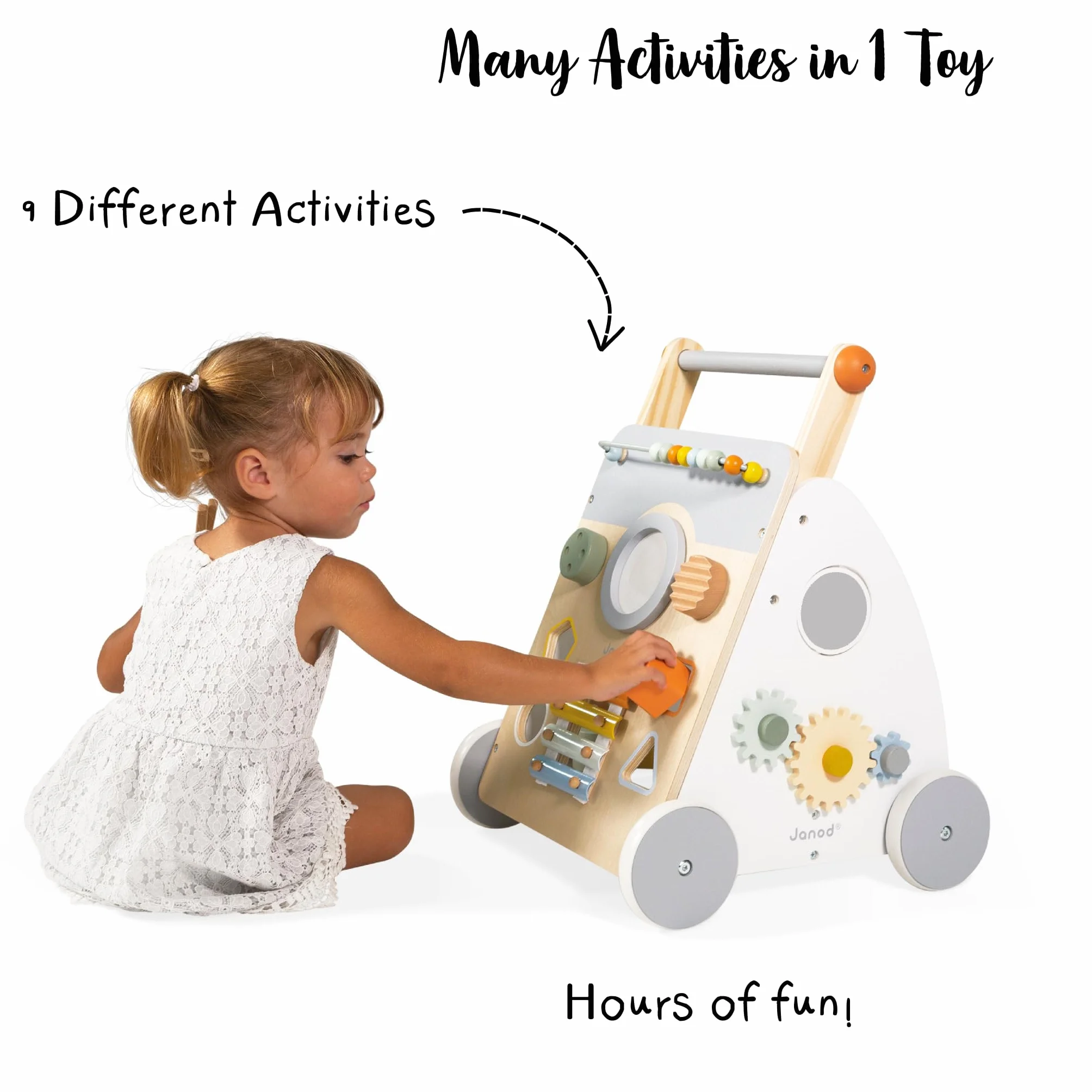 Janod - Carrello Multi Attività Sweet Cocoon - Carrello Primi Passi in Legno a Spinta - 9 Attività - Ruote Silenziose, Vernice Ad Acqua - Giocattolo per Bambini Evolutivo da 12 Mesi, J04410